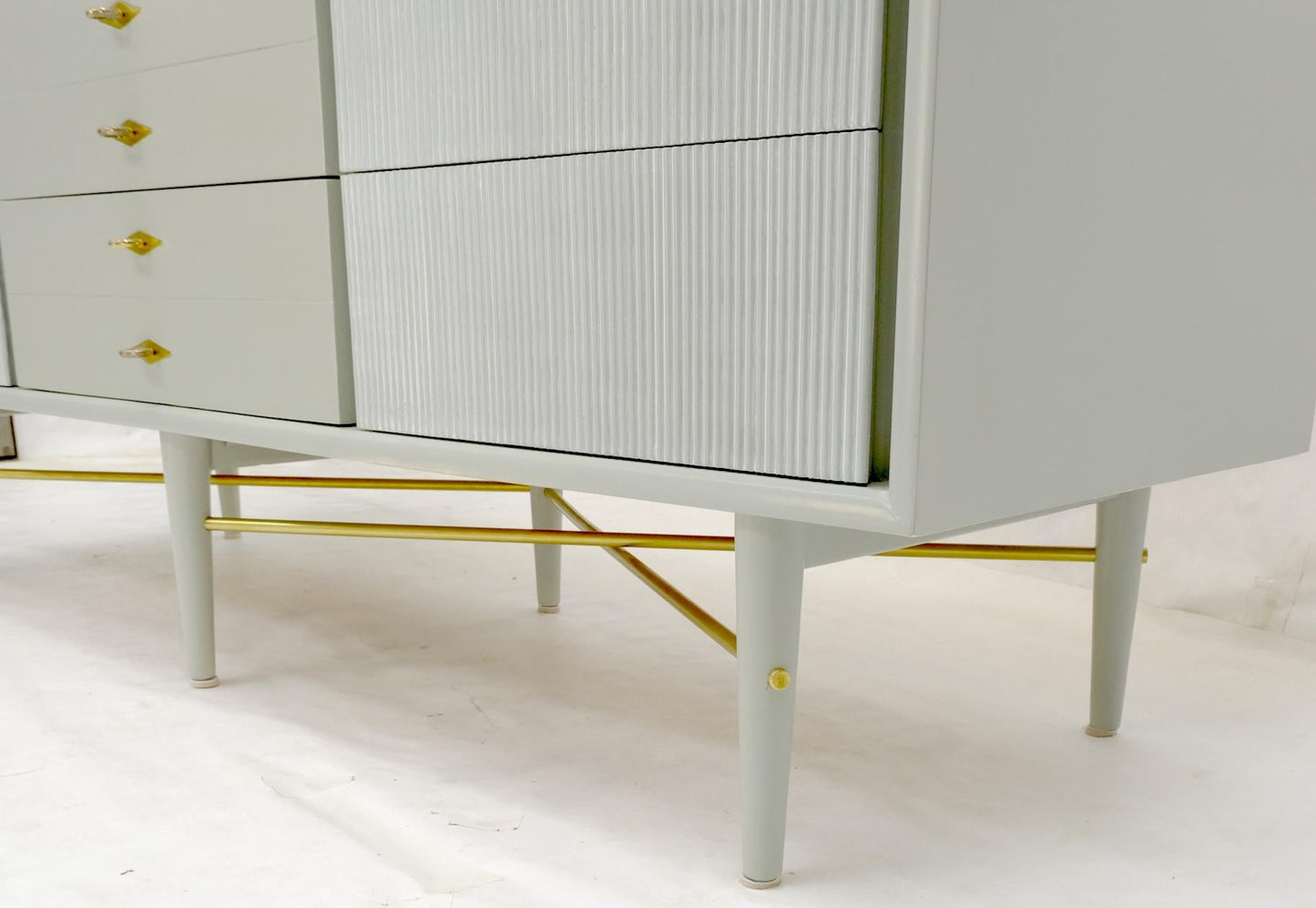 EstablishedLines Two Tone Light Grey & White Fluted Drawer Fronts Brass Stretchers Long Dresser