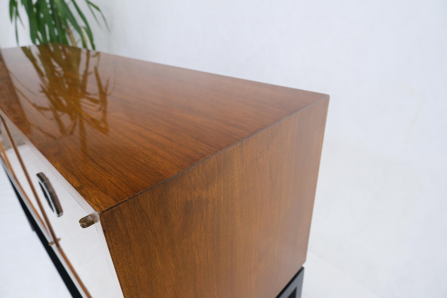EstablishedLines Ebonized Base Walnut Three Doors Mid-Century Modern Credenza Console Cabinet