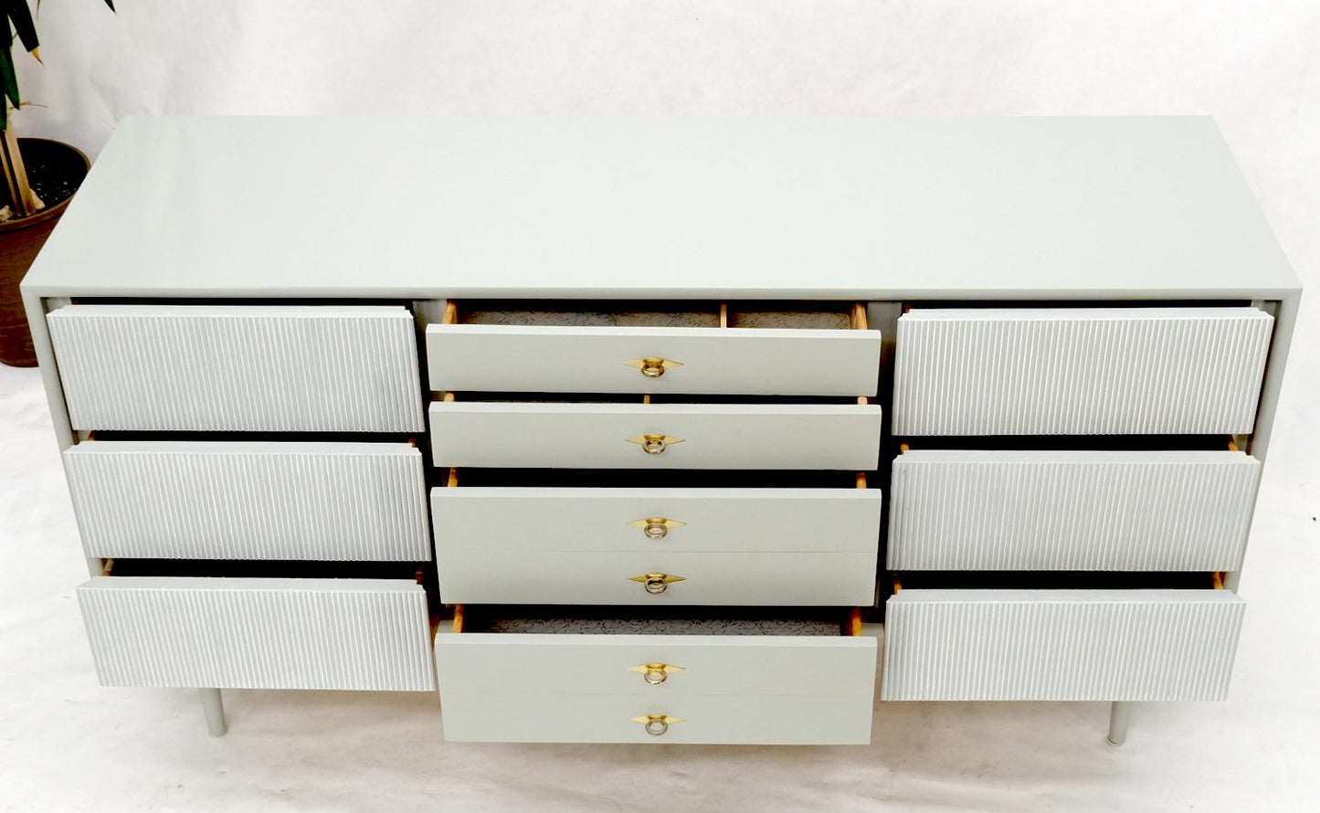 EstablishedLines Two Tone Light Grey & White Fluted Drawer Fronts Brass Stretchers Long Dresser