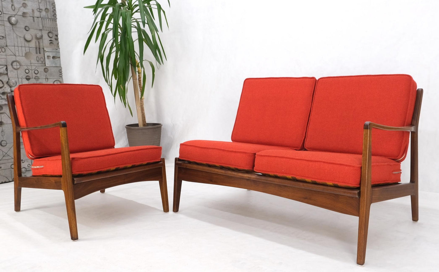 EstablishedLines Danish Mid-Century Modern Walnut Lounge Chair Settee Loveseat Couch Sofa Set