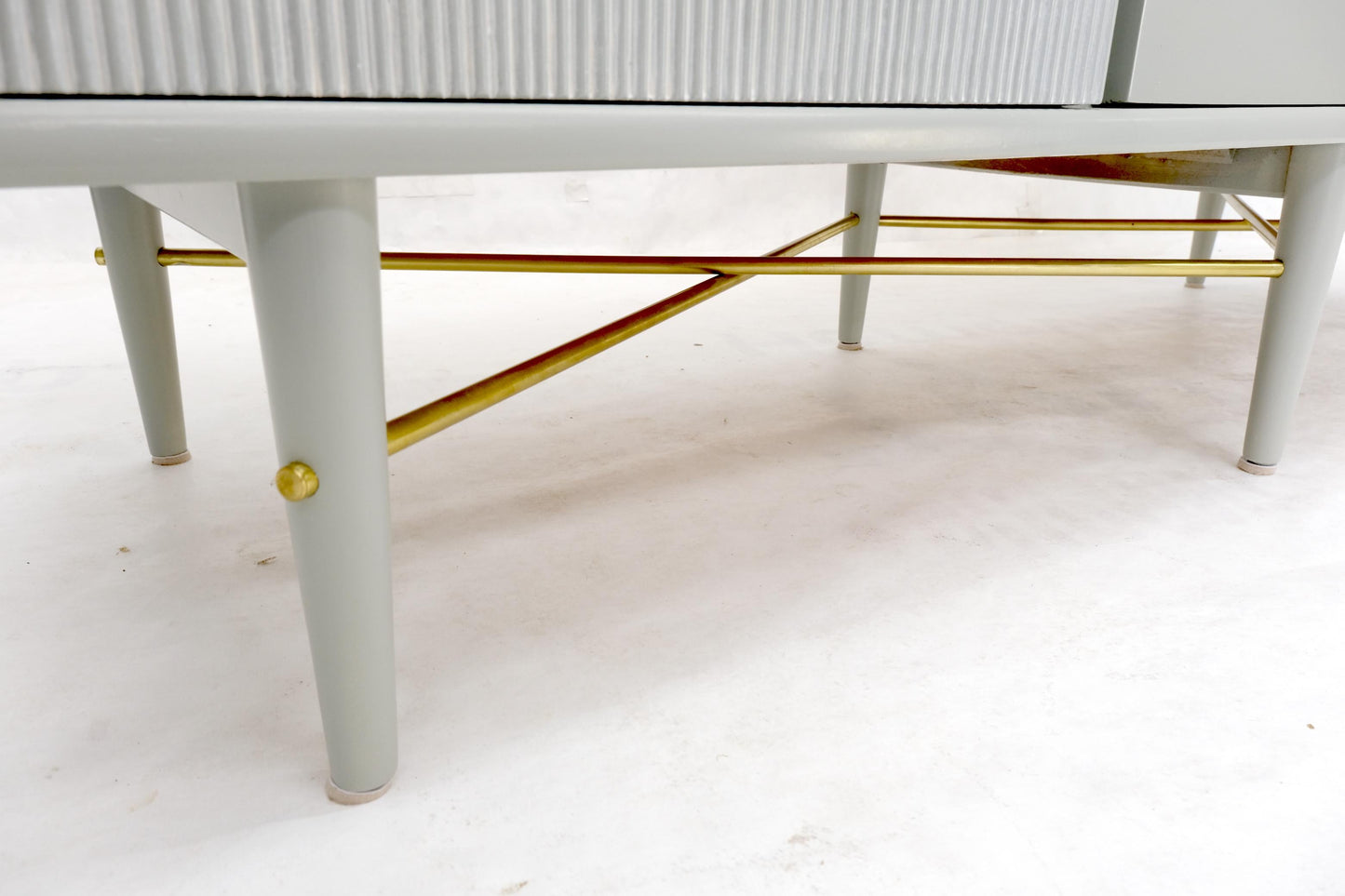 EstablishedLines Two Tone Light Grey & White Fluted Drawer Fronts Brass Stretchers Long Dresser