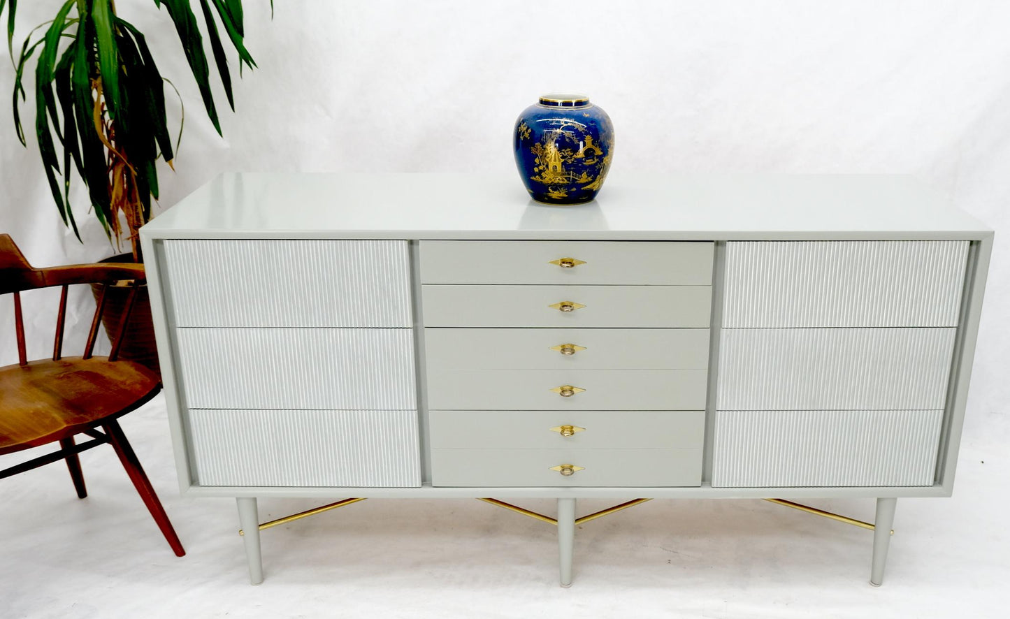 EstablishedLines Two Tone Light Grey & White Fluted Drawer Fronts Brass Stretchers Long Dresser