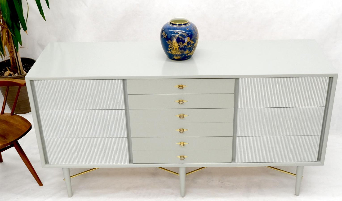 EstablishedLines Two Tone Light Grey & White Fluted Drawer Fronts Brass Stretchers Long Dresser
