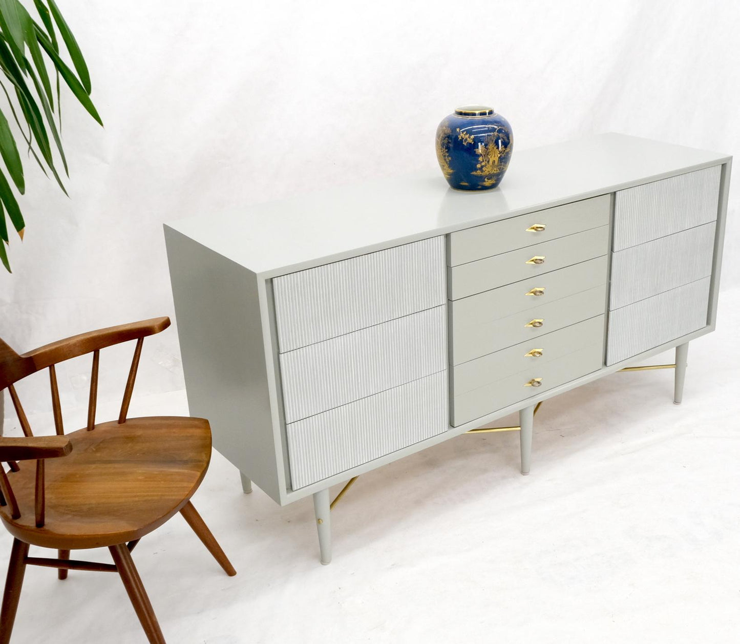 EstablishedLines Two Tone Light Grey & White Fluted Drawer Fronts Brass Stretchers Long Dresser