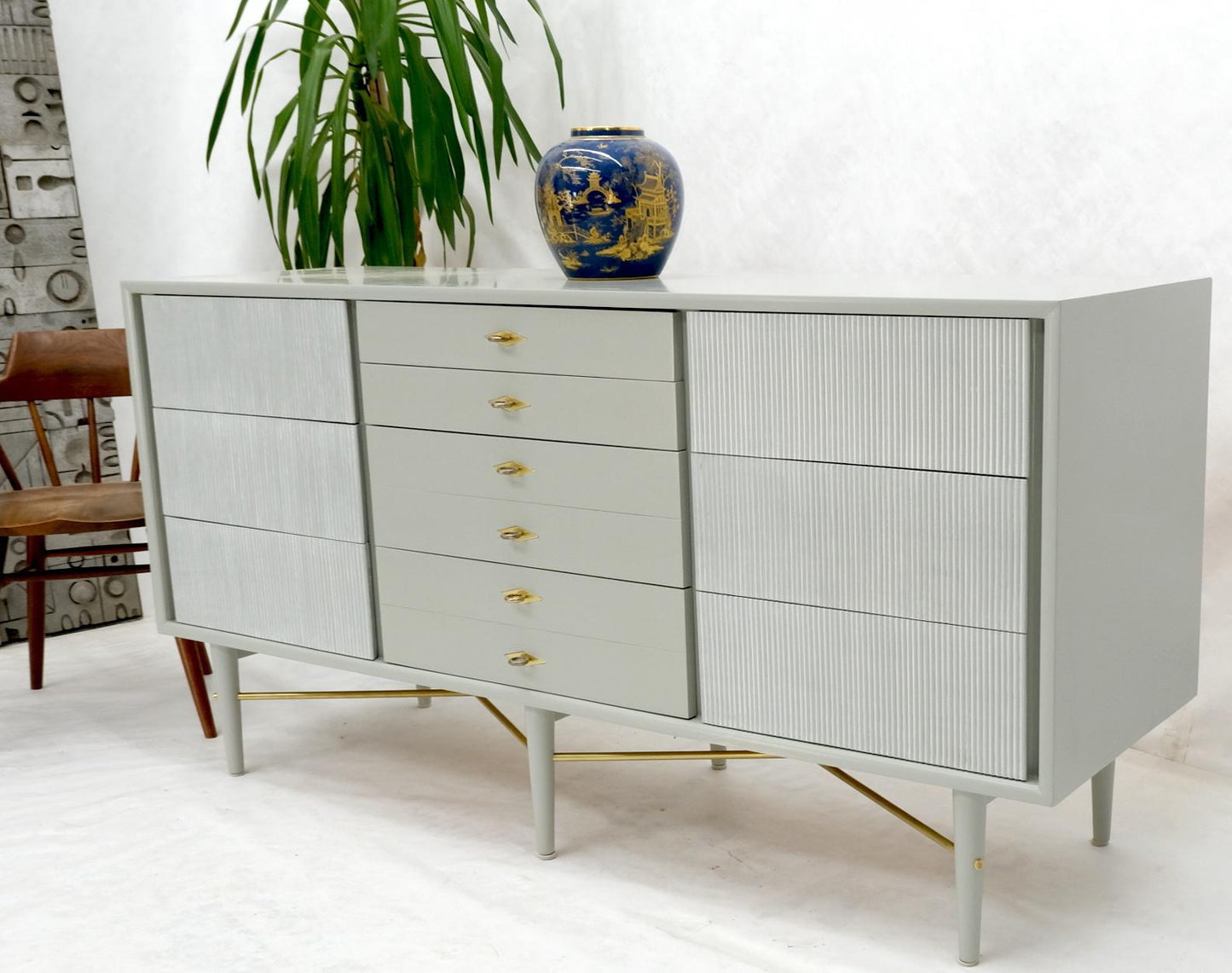 EstablishedLines Two Tone Light Grey & White Fluted Drawer Fronts Brass Stretchers Long Dresser