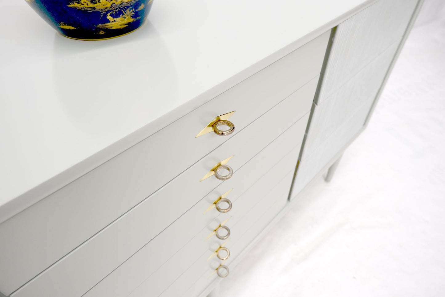 EstablishedLines Two Tone Light Grey & White Fluted Drawer Fronts Brass Stretchers Long Dresser