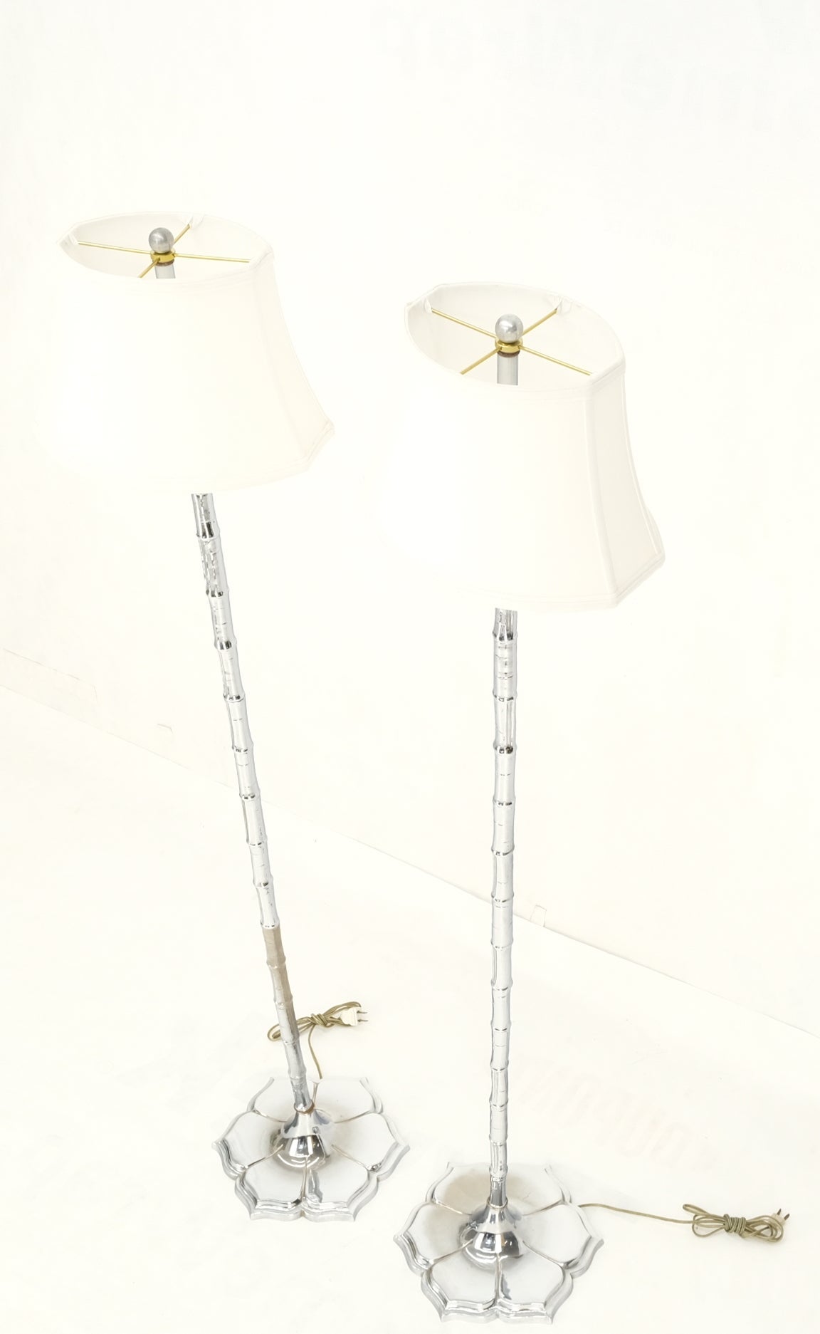 EstablishedLines Pair of Cast Lotus Shape Bases Chrome Faux Bamboo Mid-Century Modern Floor Lamps