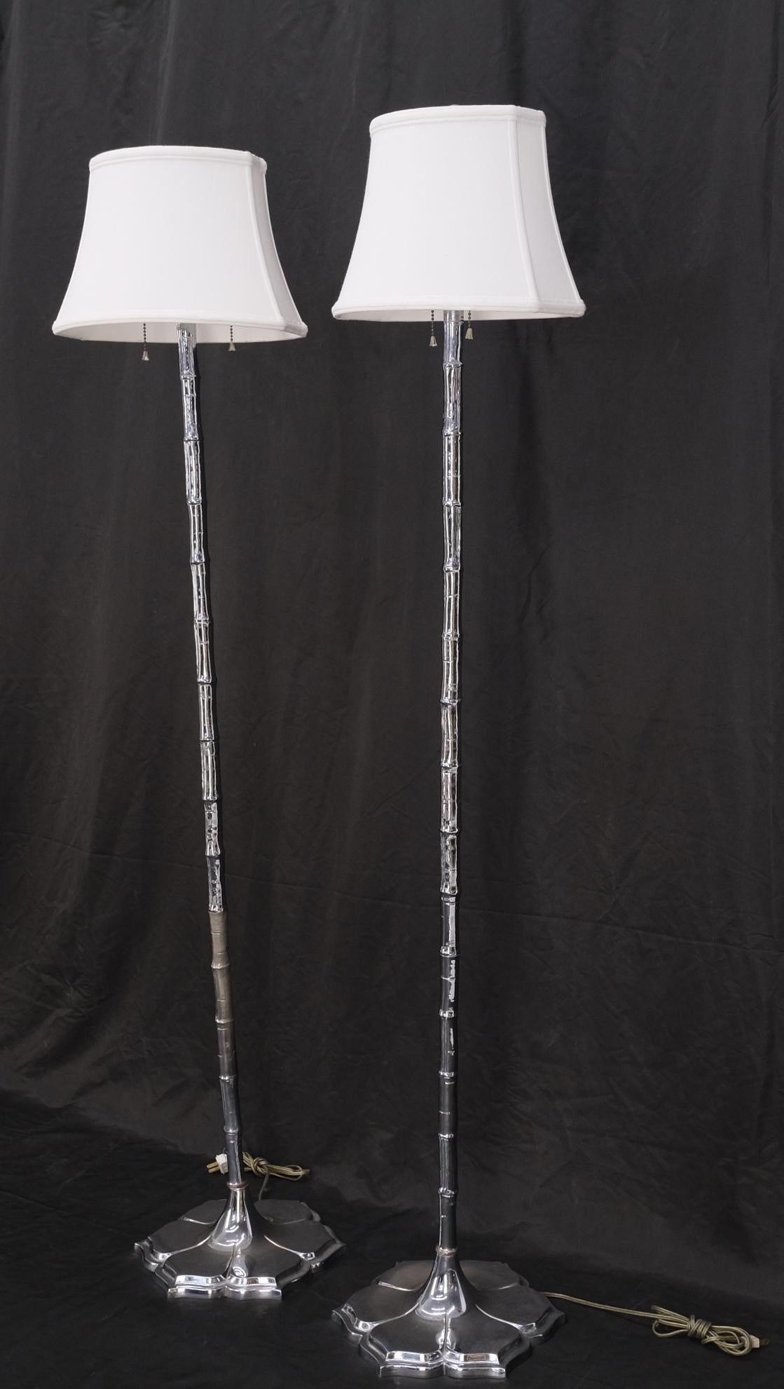 EstablishedLines Pair of Cast Lotus Shape Bases Chrome Faux Bamboo Mid-Century Modern Floor Lamps