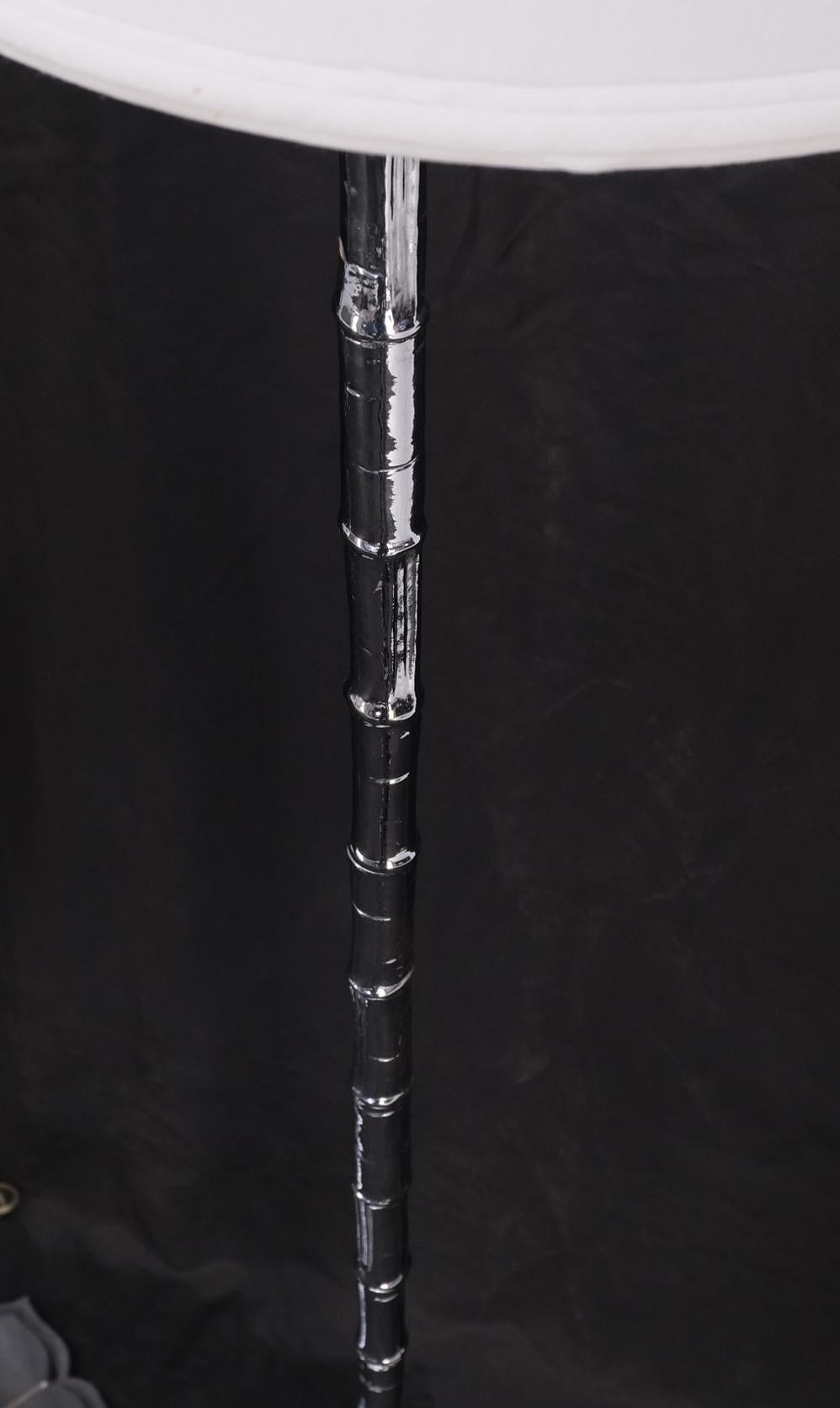 EstablishedLines Pair of Cast Lotus Shape Bases Chrome Faux Bamboo Mid-Century Modern Floor Lamps