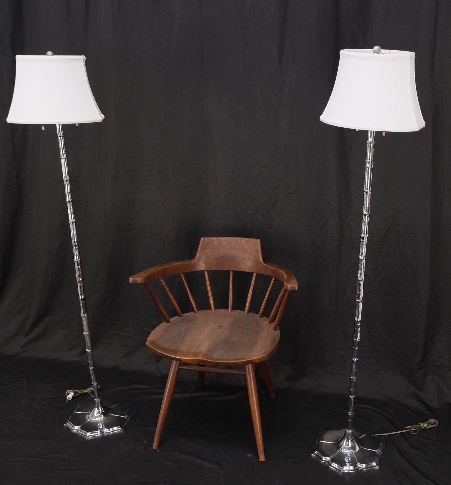 EstablishedLines Pair of Cast Lotus Shape Bases Chrome Faux Bamboo Mid-Century Modern Floor Lamps