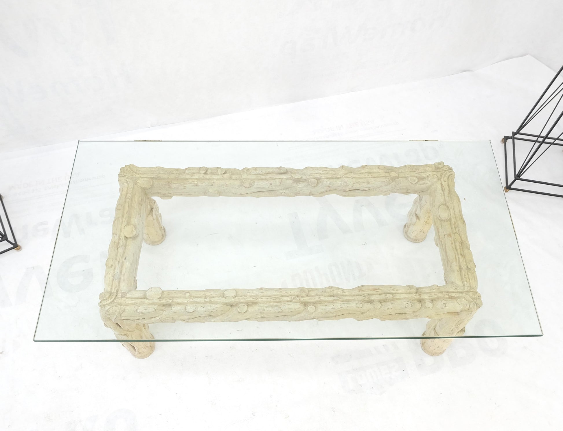 EstablishedLines Heavy Carved Twig Motive White Pickled Finish Oak Base Rectangle 3/4" Glass Top