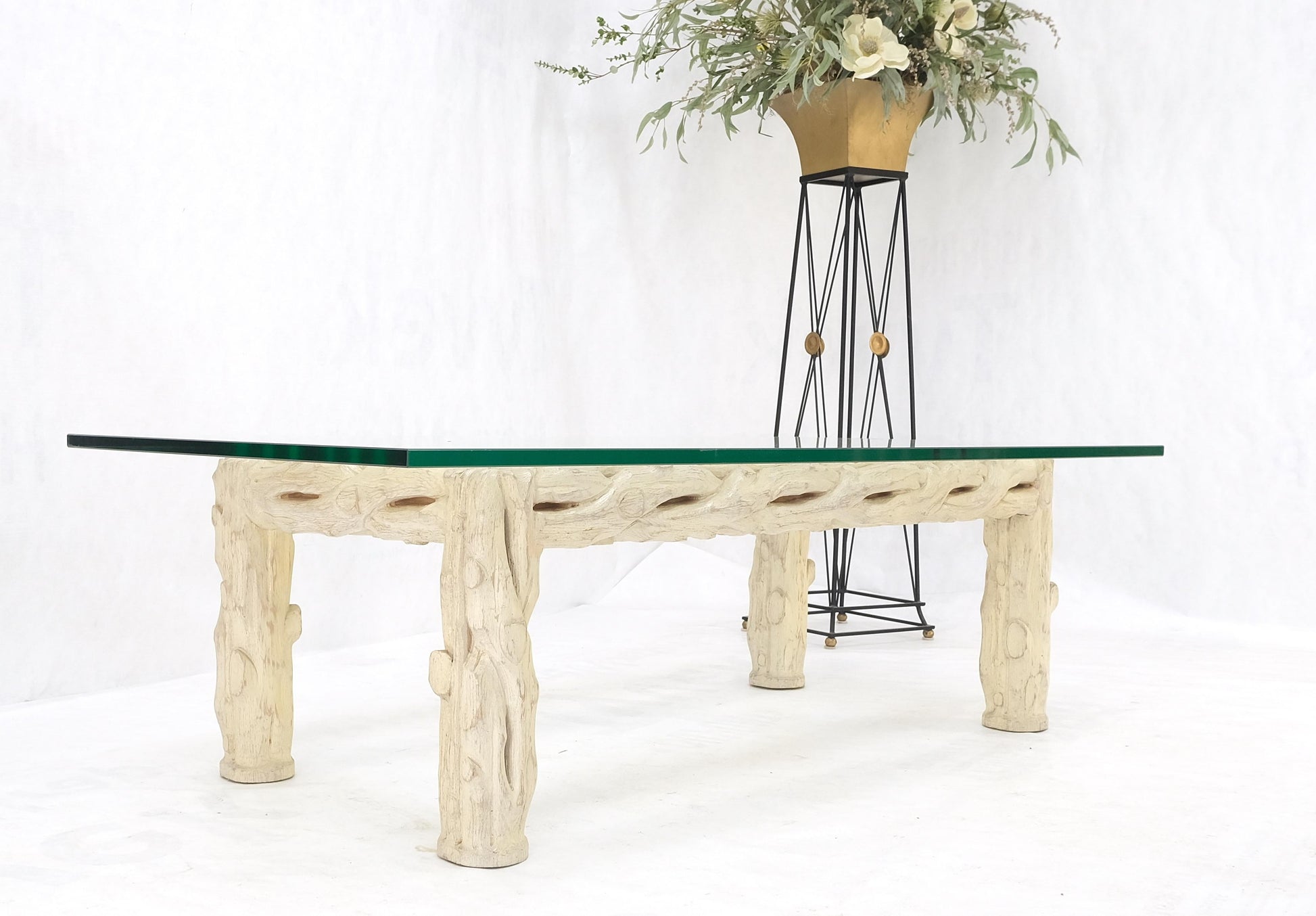 EstablishedLines Heavy Carved Twig Motive White Pickled Finish Oak Base Rectangle 3/4" Glass Top