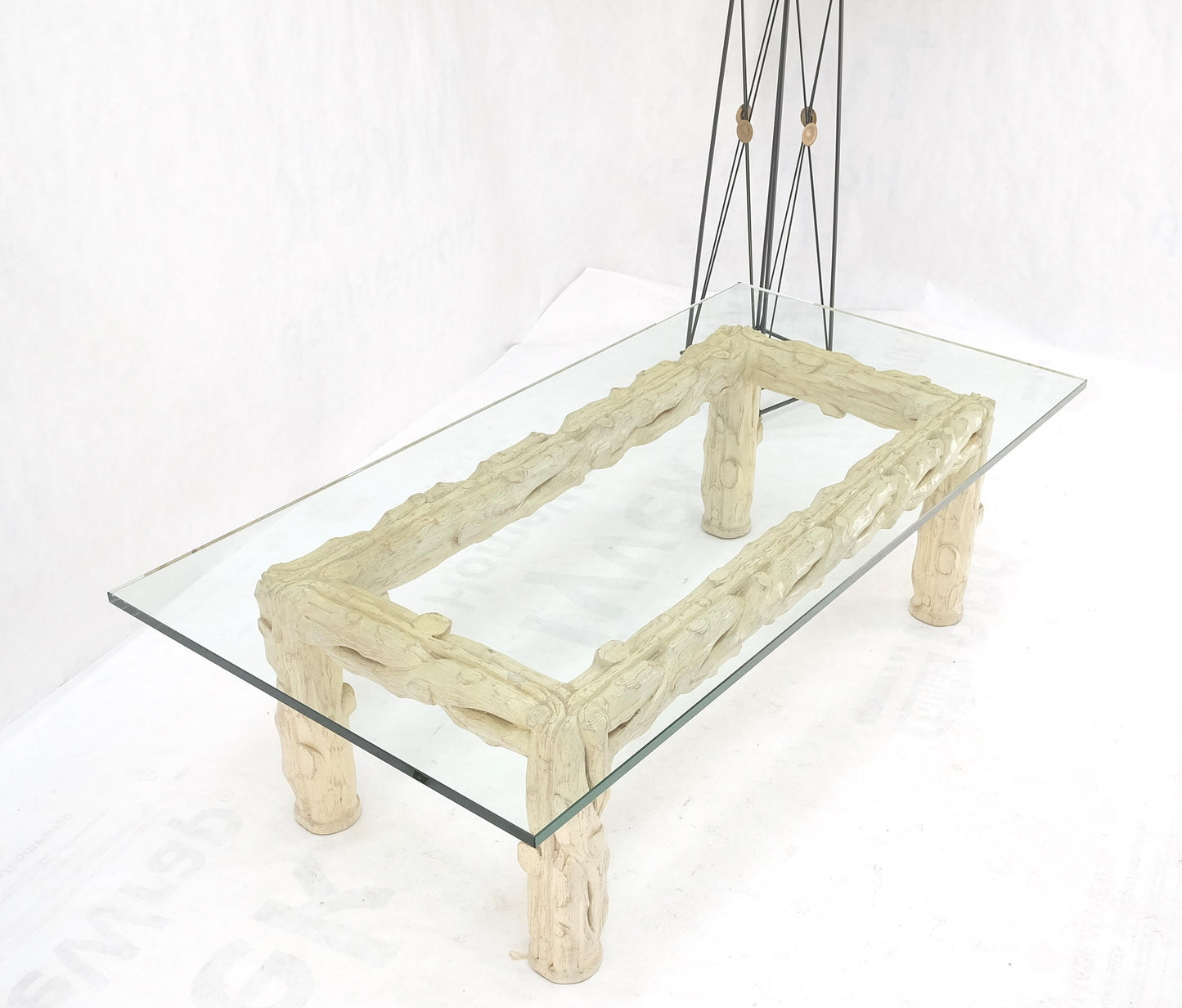 EstablishedLines Heavy Carved Twig Motive White Pickled Finish Oak Base Rectangle 3/4" Glass Top