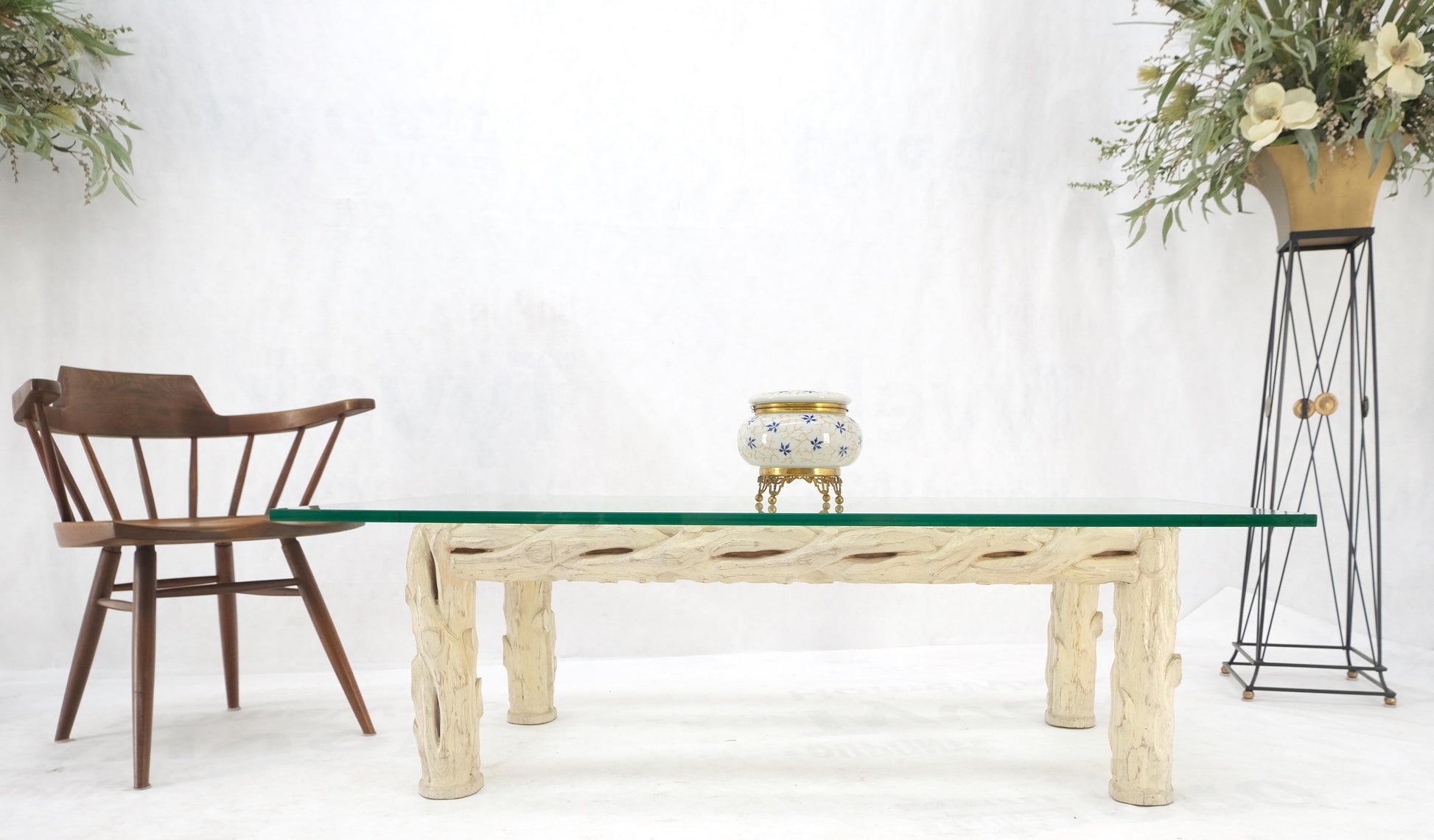 EstablishedLines Heavy Carved Twig Motive White Pickled Finish Oak Base Rectangle 3/4" Glass Top