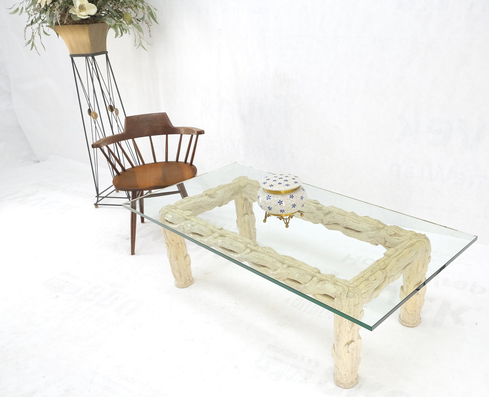 EstablishedLines Heavy Carved Twig Motive White Pickled Finish Oak Base Rectangle 3/4" Glass Top