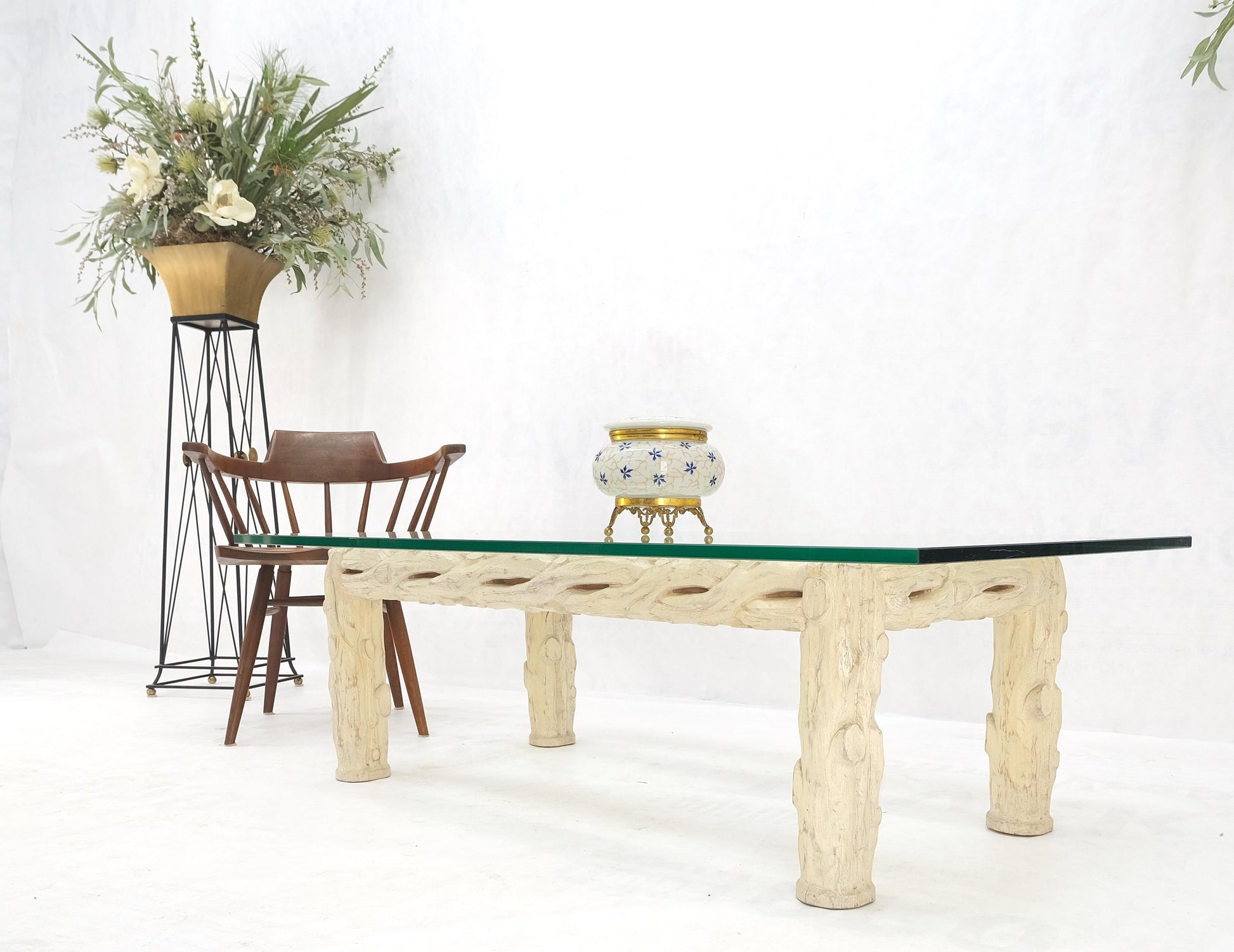 EstablishedLines Heavy Carved Twig Motive White Pickled Finish Oak Base Rectangle 3/4" Glass Top