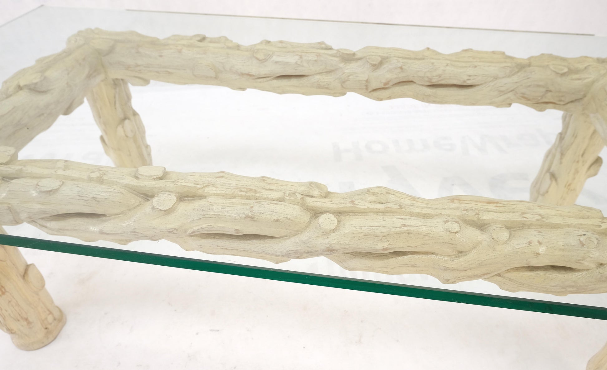 EstablishedLines Heavy Carved Twig Motive White Pickled Finish Oak Base Rectangle 3/4" Glass Top