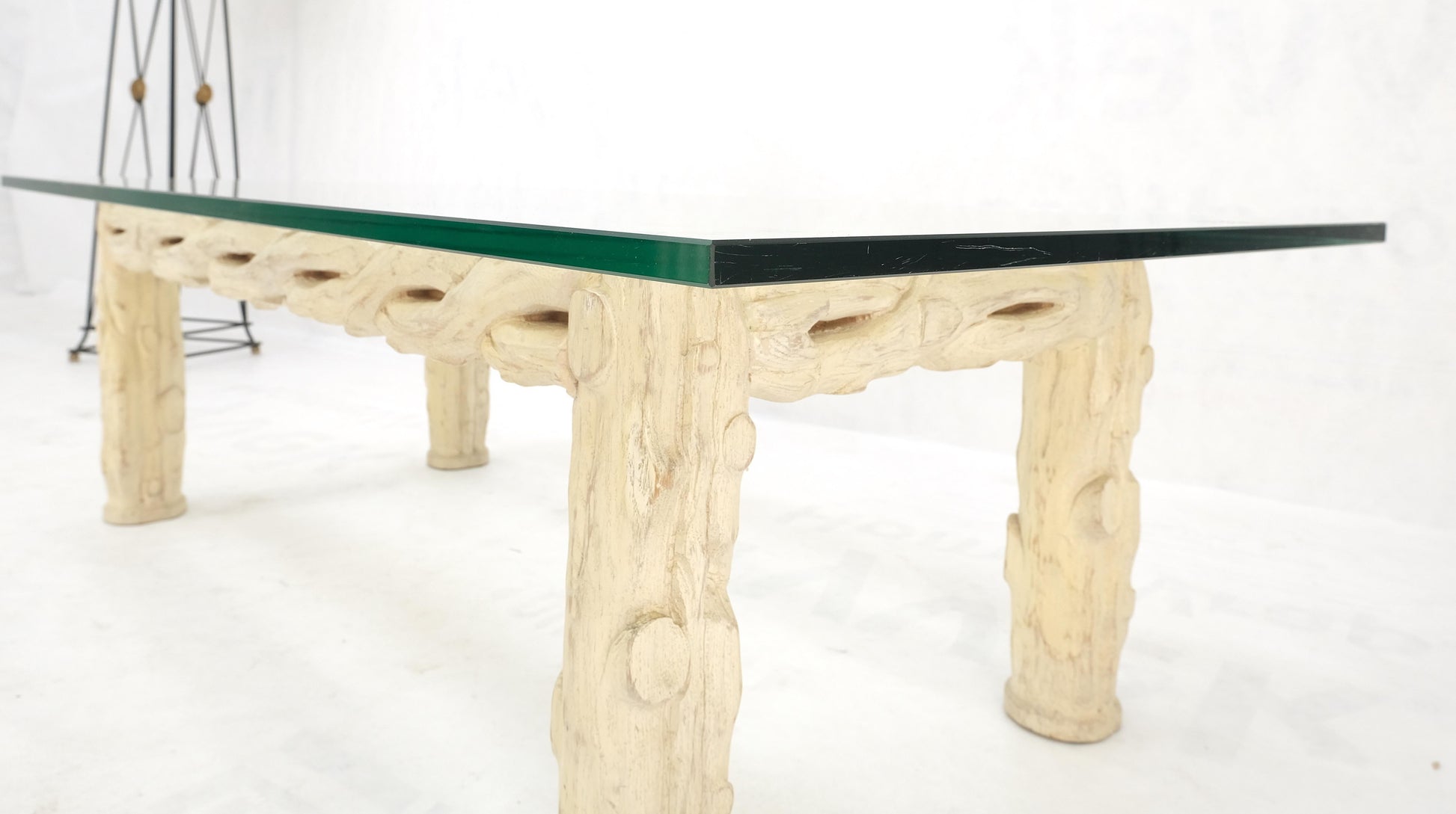 EstablishedLines Heavy Carved Twig Motive White Pickled Finish Oak Base Rectangle 3/4" Glass Top
