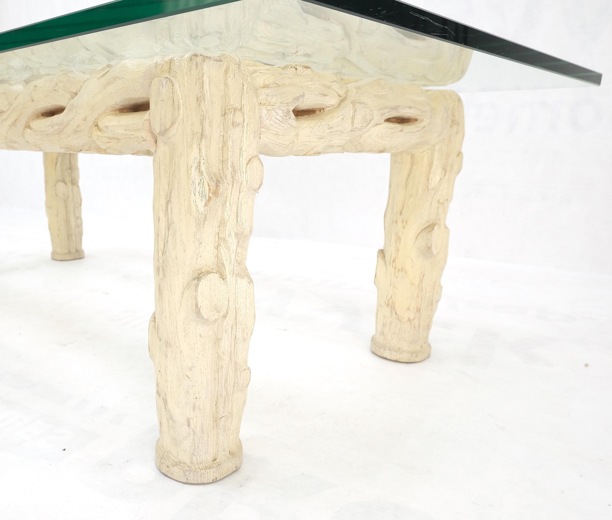 EstablishedLines Heavy Carved Twig Motive White Pickled Finish Oak Base Rectangle 3/4" Glass Top