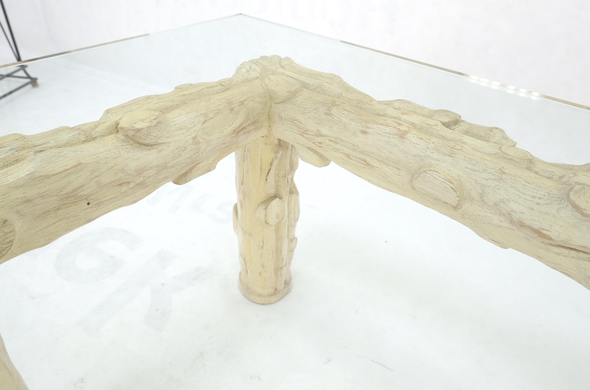 EstablishedLines Heavy Carved Twig Motive White Pickled Finish Oak Base Rectangle 3/4" Glass Top