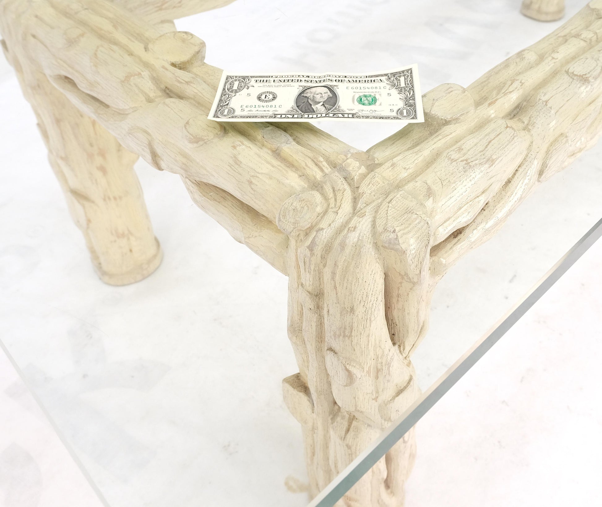 EstablishedLines Heavy Carved Twig Motive White Pickled Finish Oak Base Rectangle 3/4" Glass Top