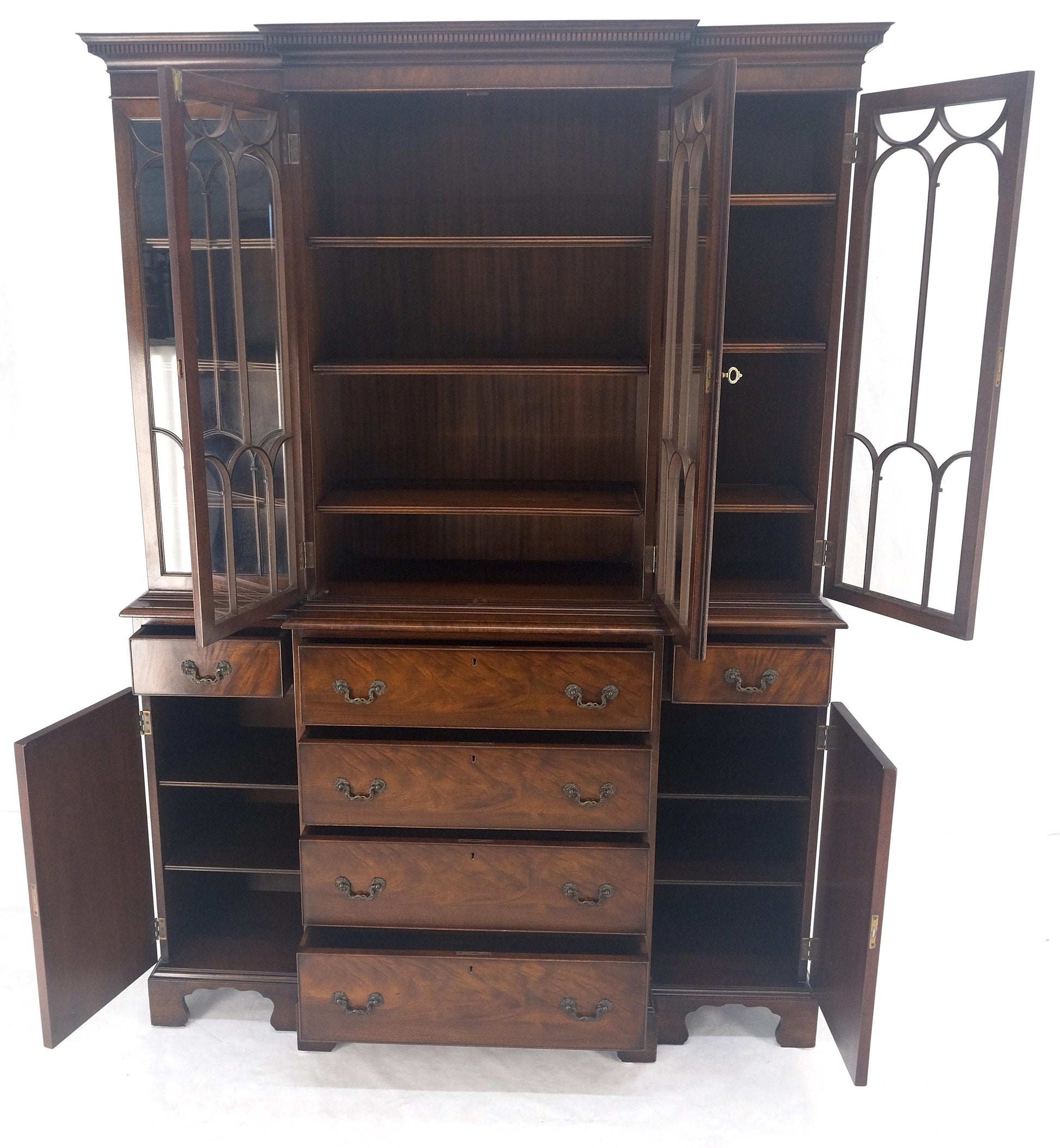 EstablishedLines Beacon Hill Two Part Crotch Flame Mahogany Individual Glass Pane Breakfront MINT