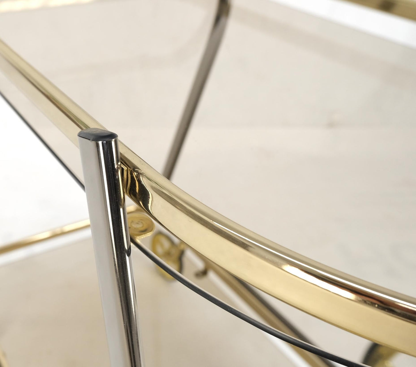 EstablishedLines Mid-Century Modern Smoked Glass Half Round Shape Serving Card Bar on Wheels Mint