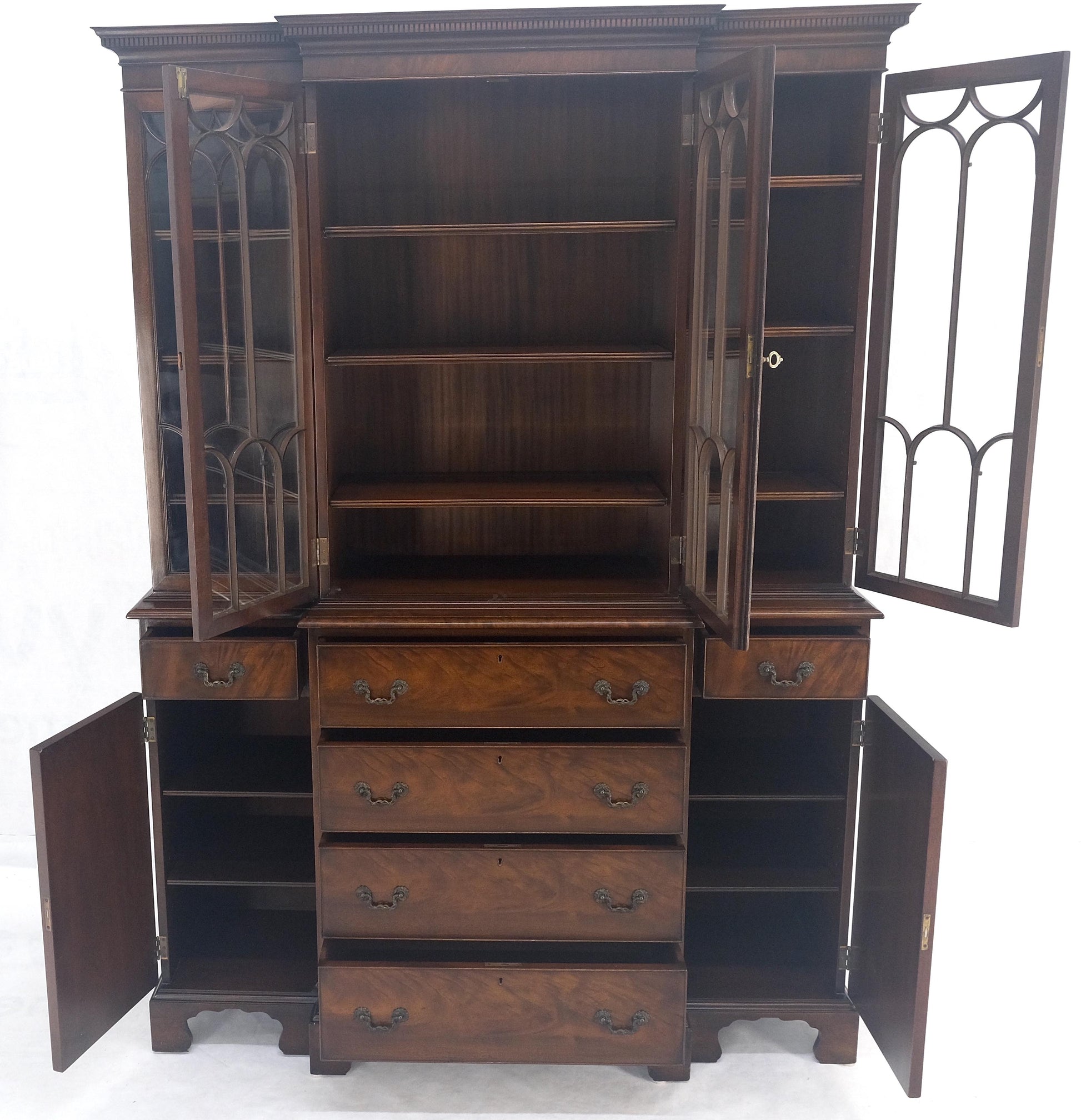 EstablishedLines Beacon Hill Two Part Crotch Flame Mahogany Individual Glass Pane Breakfront MINT