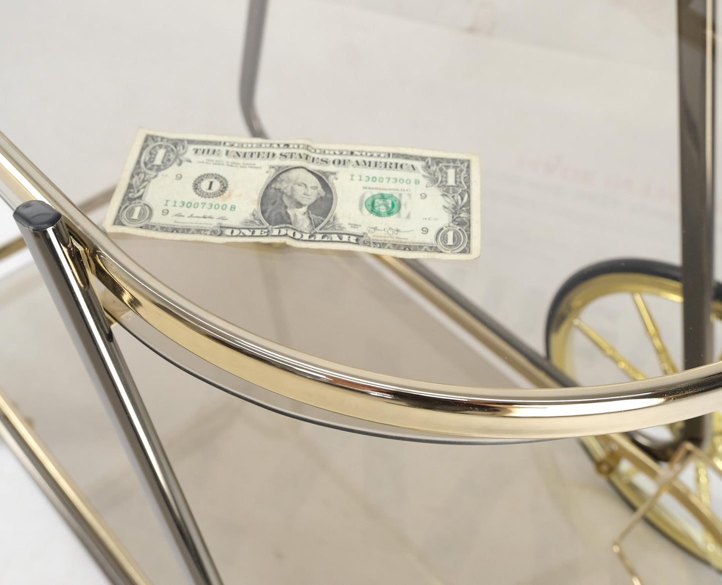 EstablishedLines Mid-Century Modern Smoked Glass Half Round Shape Serving Card Bar on Wheels Mint