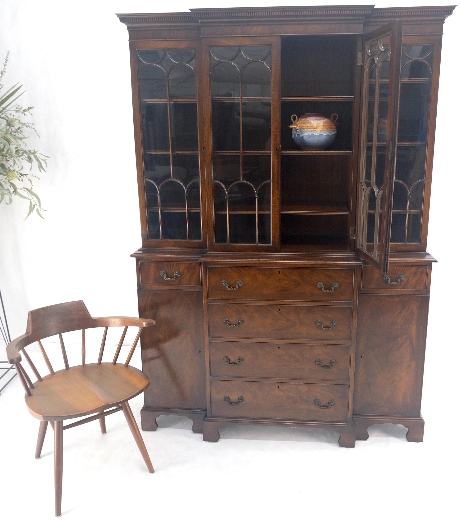 EstablishedLines Beacon Hill Two Part Crotch Flame Mahogany Individual Glass Pane Breakfront MINT