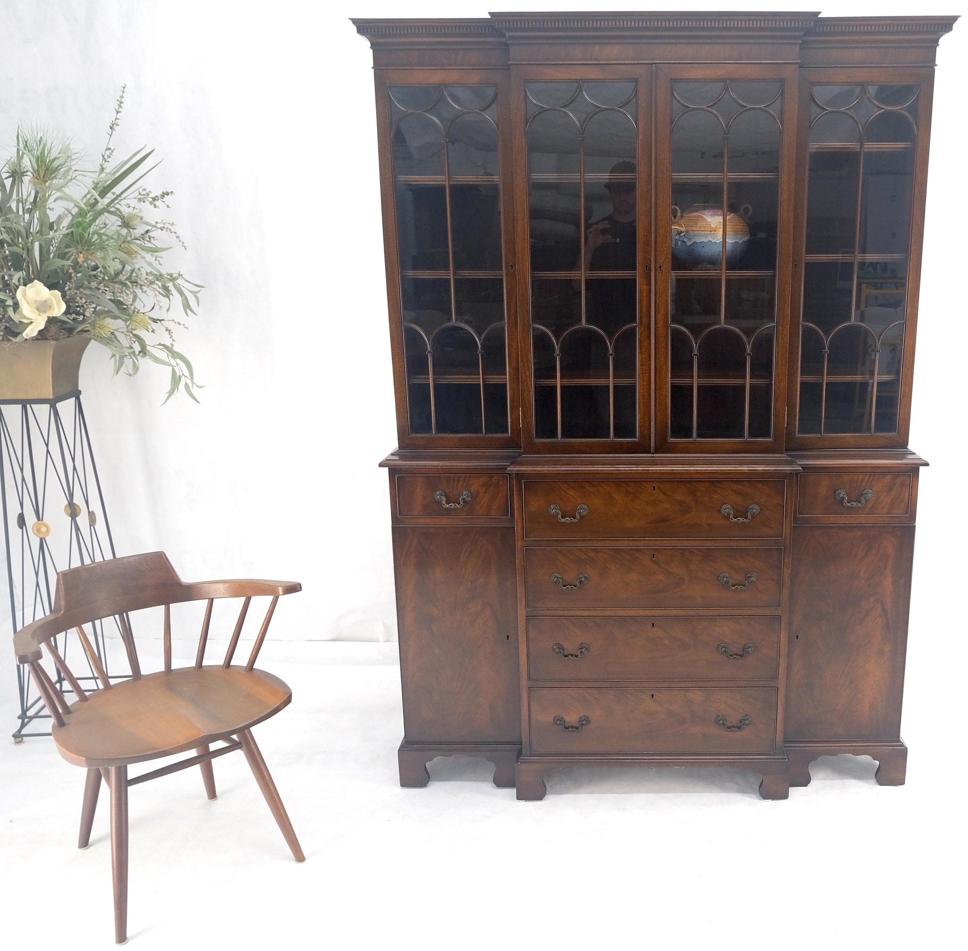 EstablishedLines Beacon Hill Two Part Crotch Flame Mahogany Individual Glass Pane Breakfront MINT