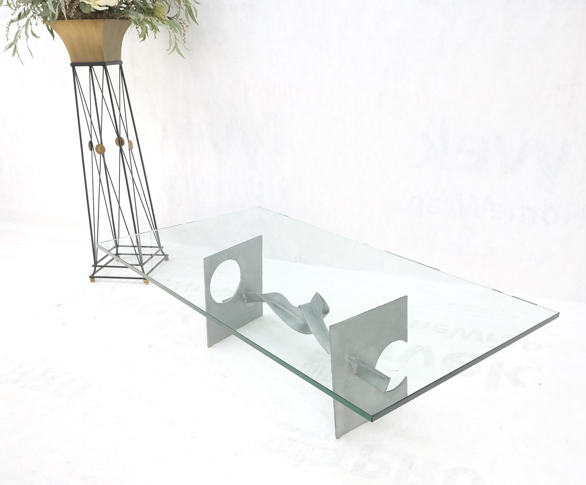 EstablishedLines Twisted Metal Ribbon Base 3/4" Rectangle Glass Top Mid Century Coffee Table MINT