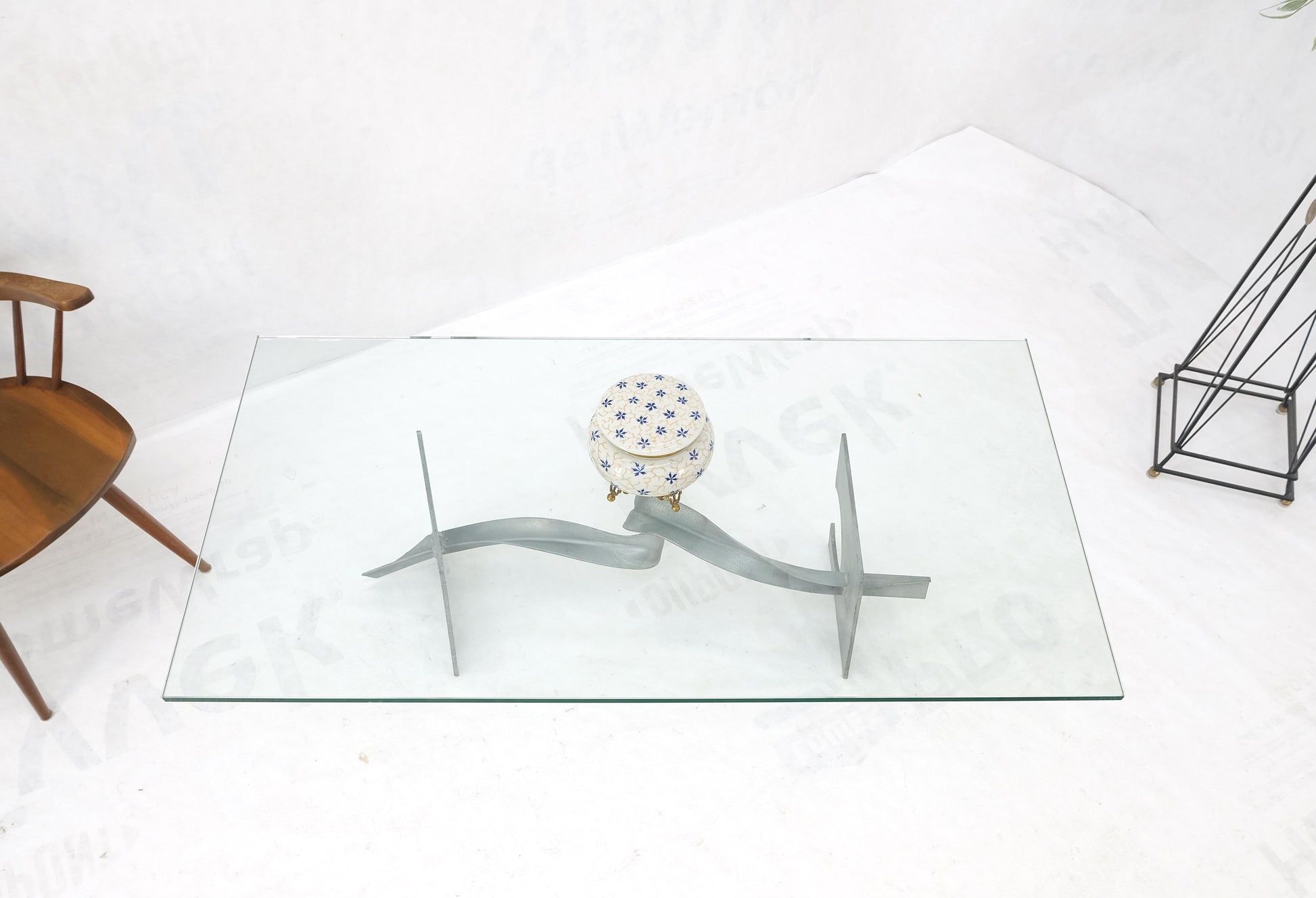 EstablishedLines Twisted Metal Ribbon Base 3/4" Rectangle Glass Top Mid Century Coffee Table MINT
