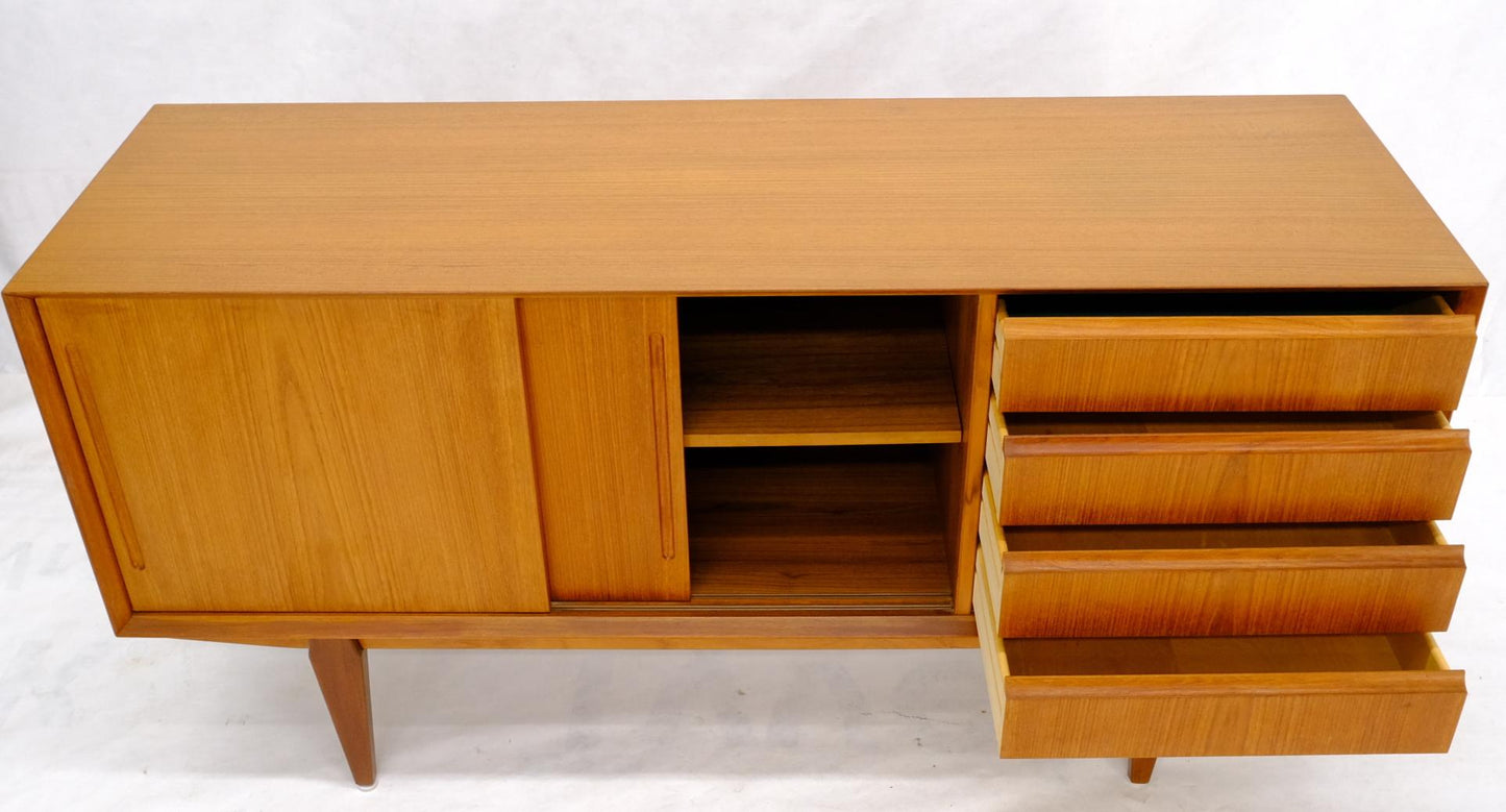 EstablishedLines Danish Mid-Century Modern Teak Low 4 Drawers Sliding Doors Compartment Credenza