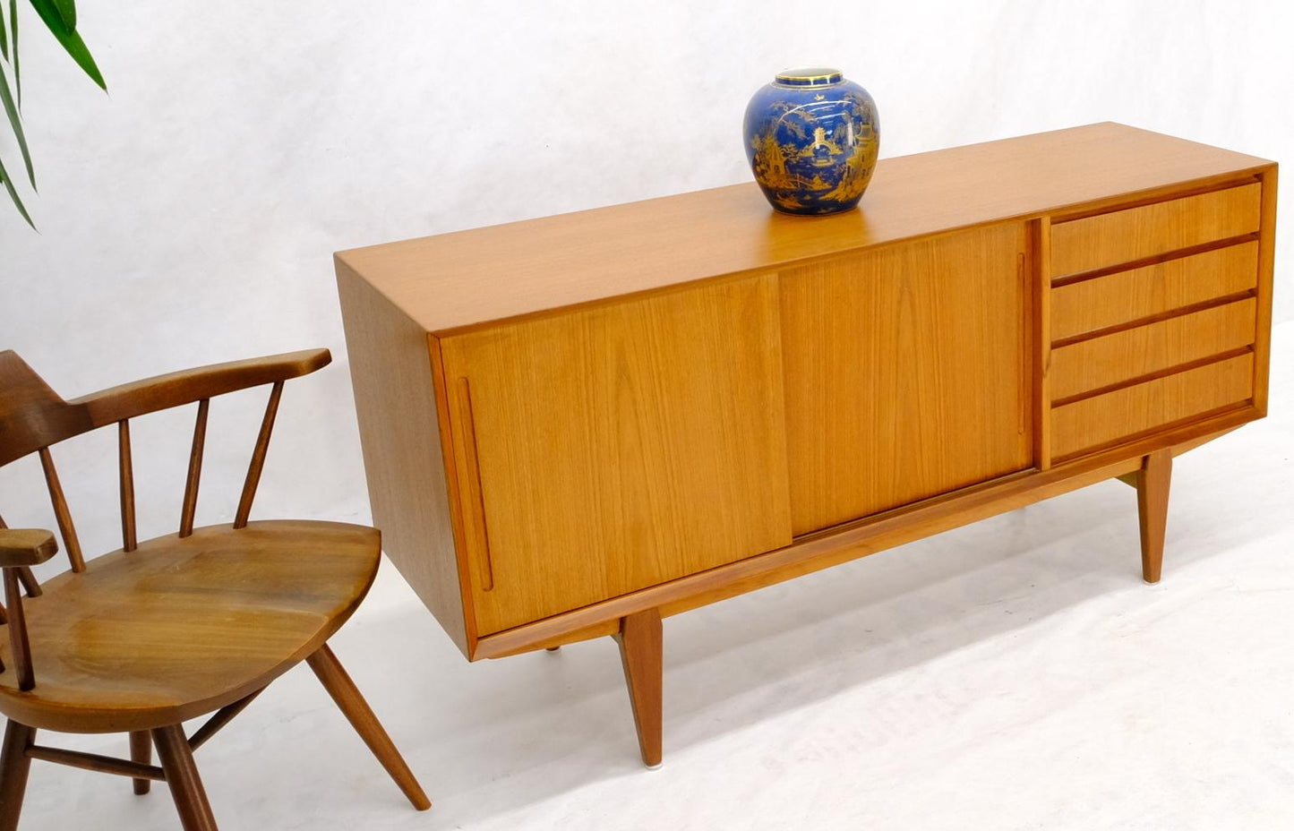 EstablishedLines Danish Mid-Century Modern Teak Low 4 Drawers Sliding Doors Compartment Credenza