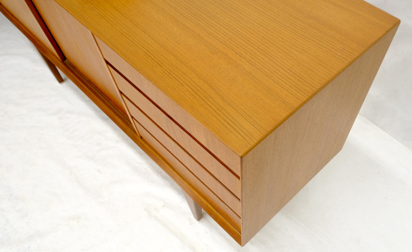 EstablishedLines Danish Mid-Century Modern Teak Low 4 Drawers Sliding Doors Compartment Credenza