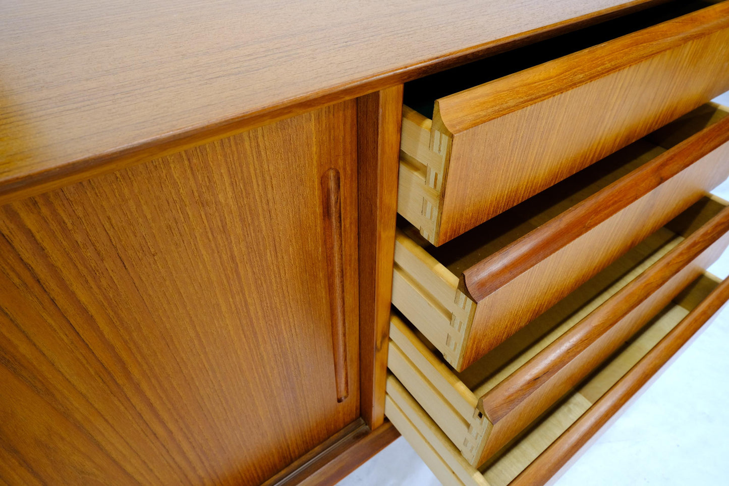 EstablishedLines Danish Mid-Century Modern Teak Low 4 Drawers Sliding Doors Compartment Credenza