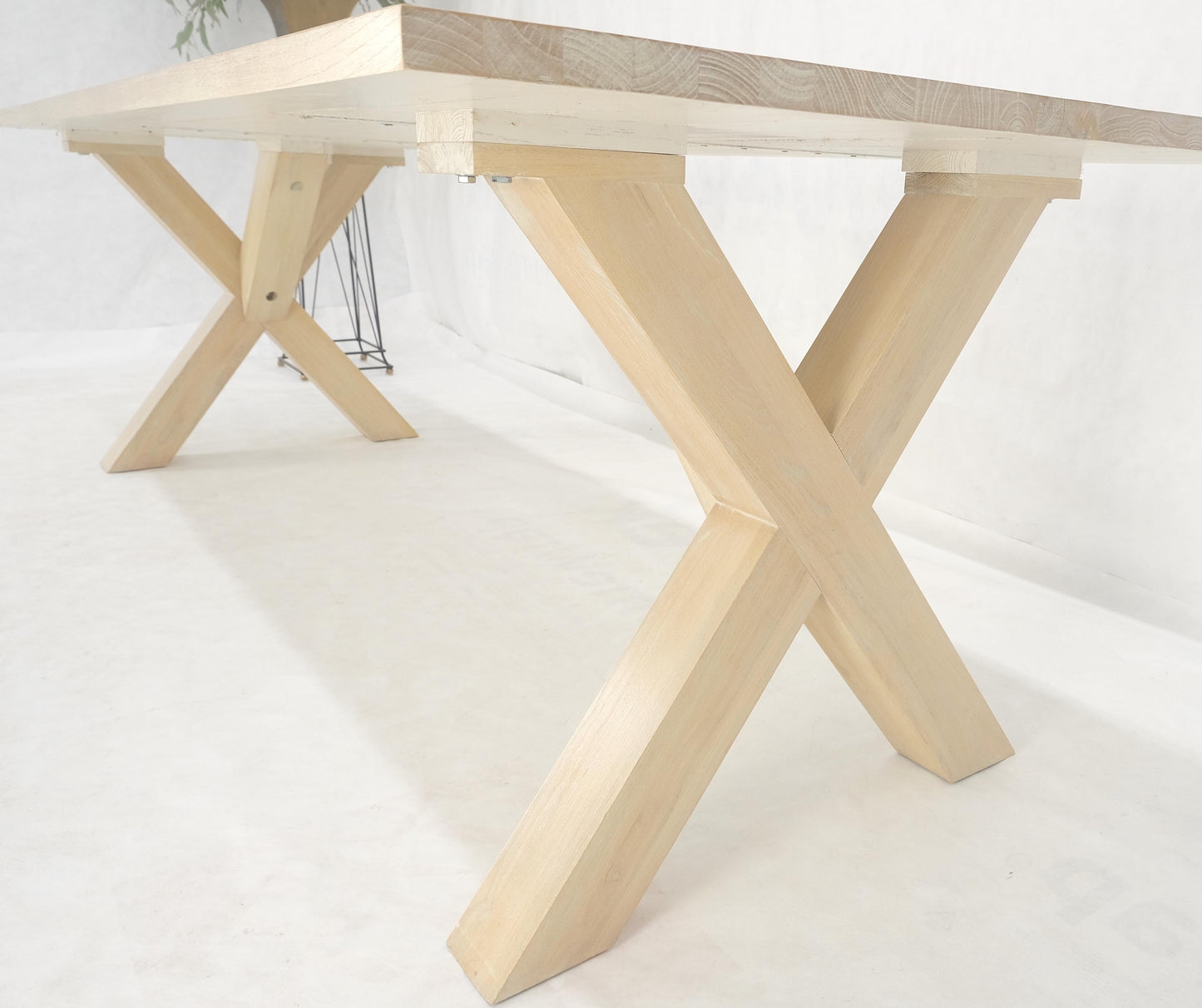 Large 8' Long Lime White Washed Solid Chestnut Dining Table Massive X Bases MINT