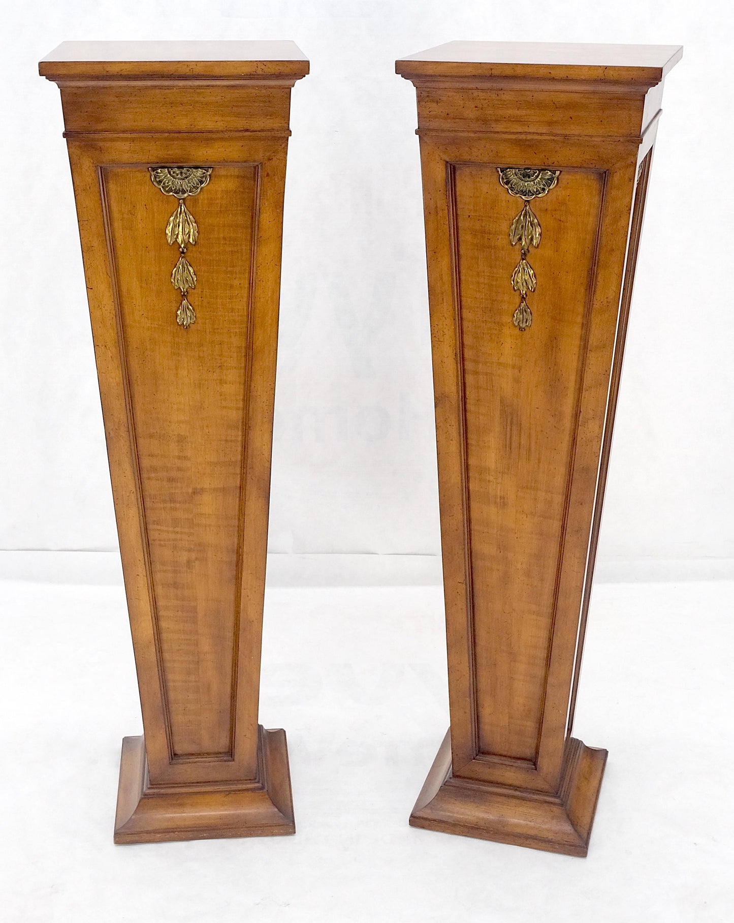 EstablishedLines Pair of Tapered Light Tiger Maple Bronze Mount Large Square Pedestals MINT!