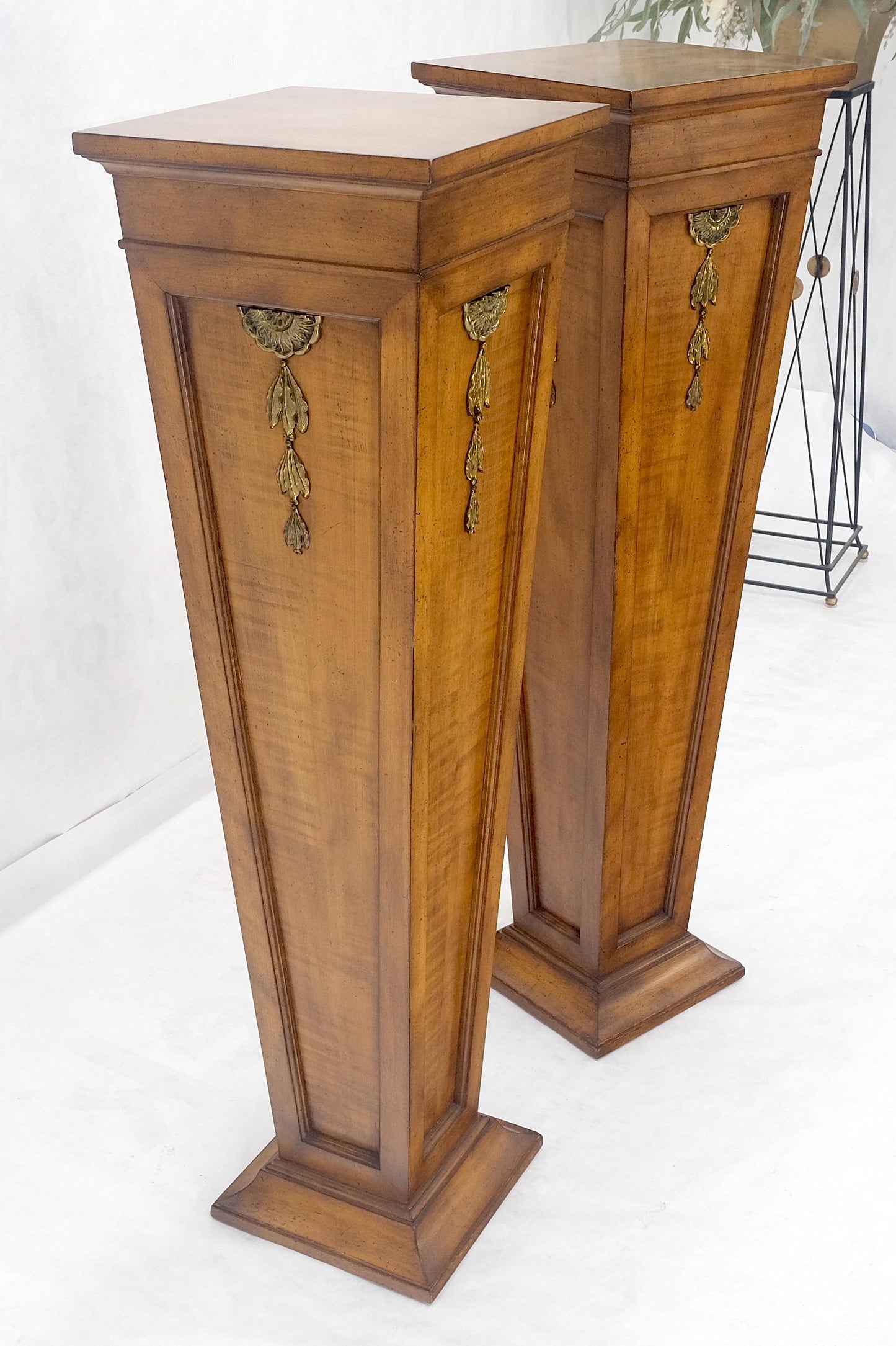 EstablishedLines Pair of Tapered Light Tiger Maple Bronze Mount Large Square Pedestals MINT!