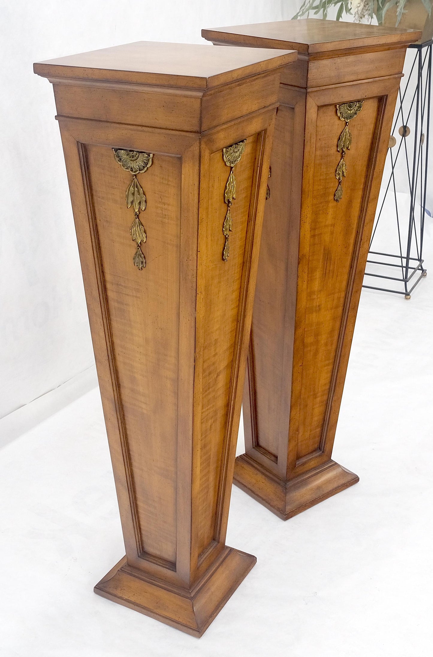 EstablishedLines Pair of Tapered Light Tiger Maple Bronze Mount Large Square Pedestals MINT!