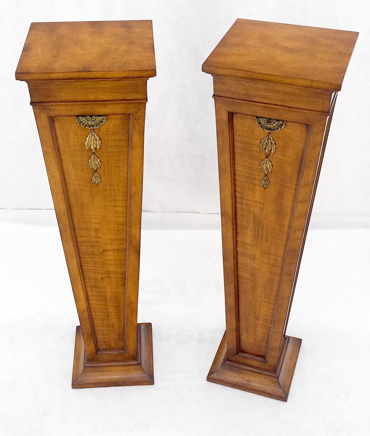 EstablishedLines Pair of Tapered Light Tiger Maple Bronze Mount Large Square Pedestals MINT!