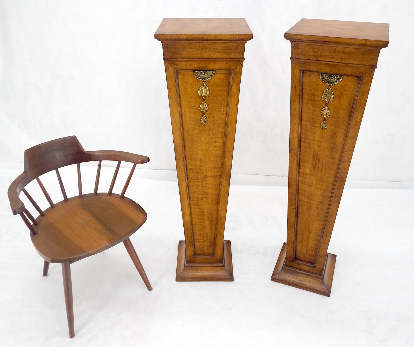 EstablishedLines Pair of Tapered Light Tiger Maple Bronze Mount Large Square Pedestals MINT!