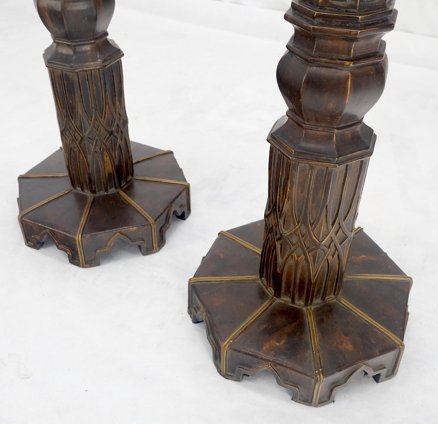 EstablishedLines Pair of Large 49" Tall Patinated Copper Art Deco Floor Candlesticks MINT!
