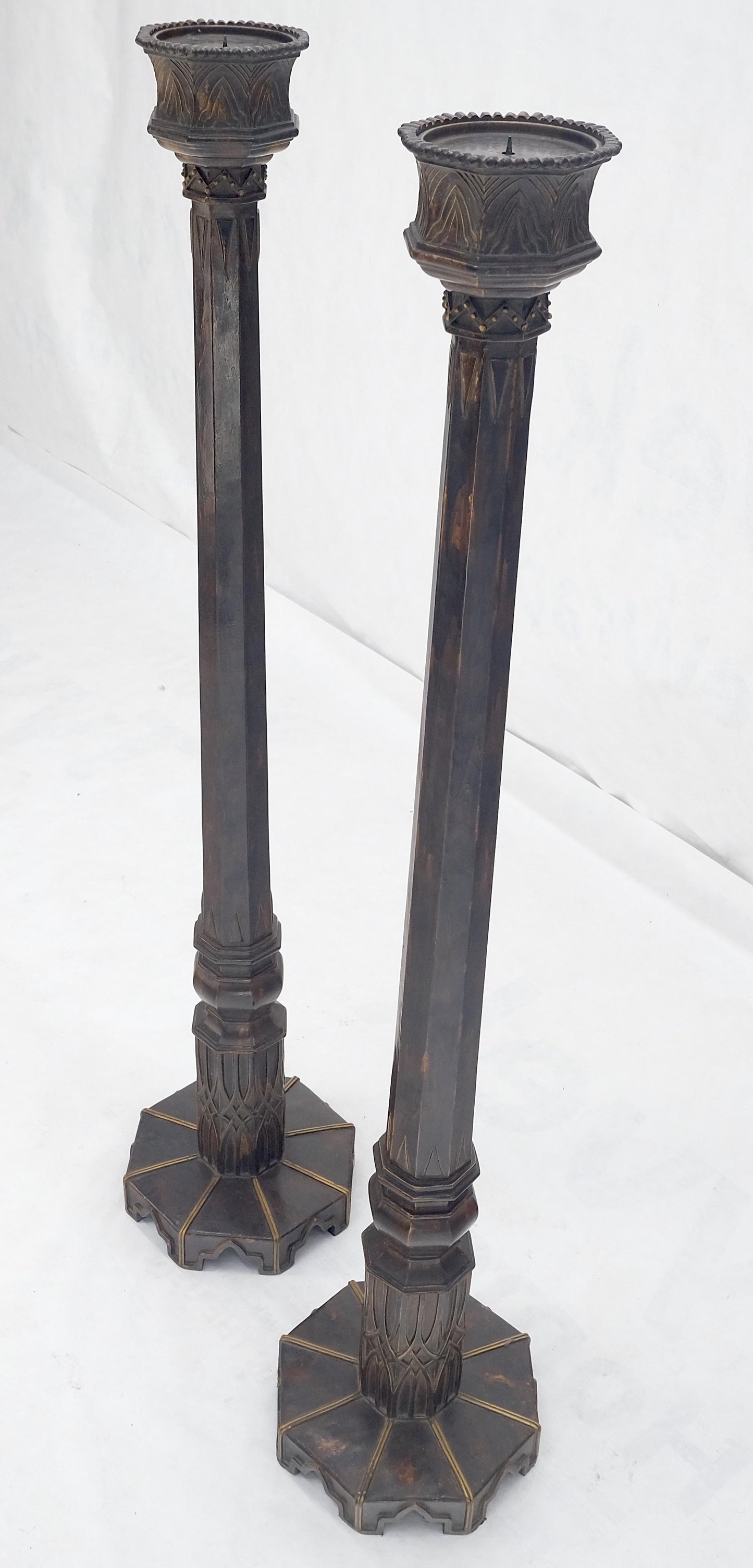 EstablishedLines Pair of Large 49" Tall Patinated Copper Art Deco Floor Candlesticks MINT!