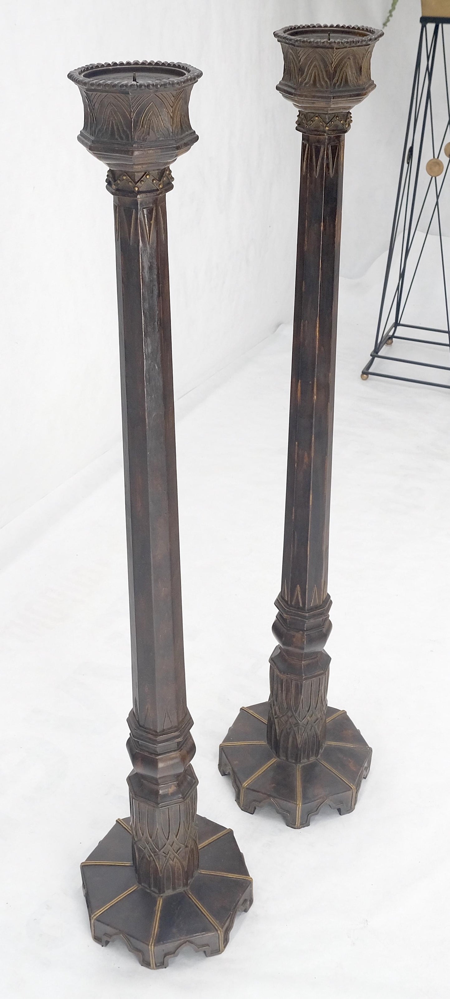EstablishedLines Pair of Large 49" Tall Patinated Copper Art Deco Floor Candlesticks MINT!