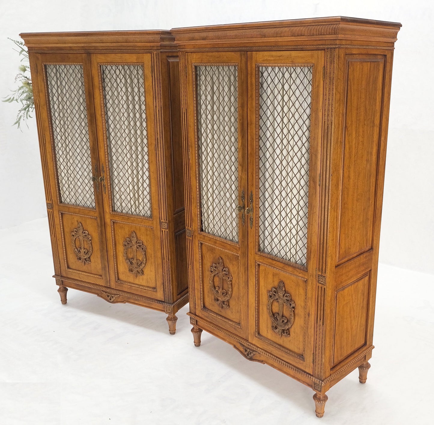 EstablishedLines Pair of French Double Brass Lattice Carved Doors Storage Cabinets Dressers MINT!