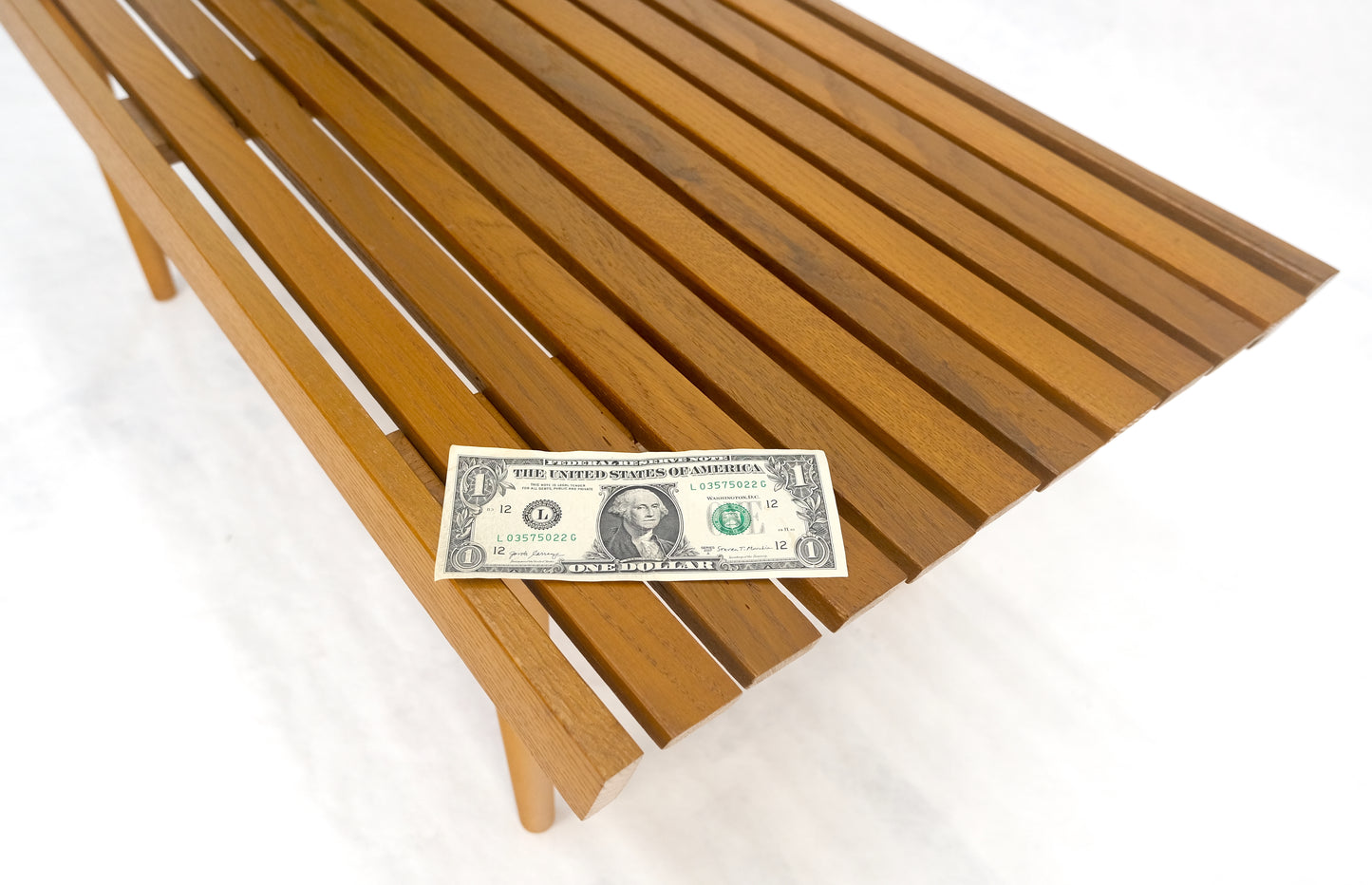 Modern Light Golden Solid Oak Slat Bench Turned Legs Lacquer Finish USA