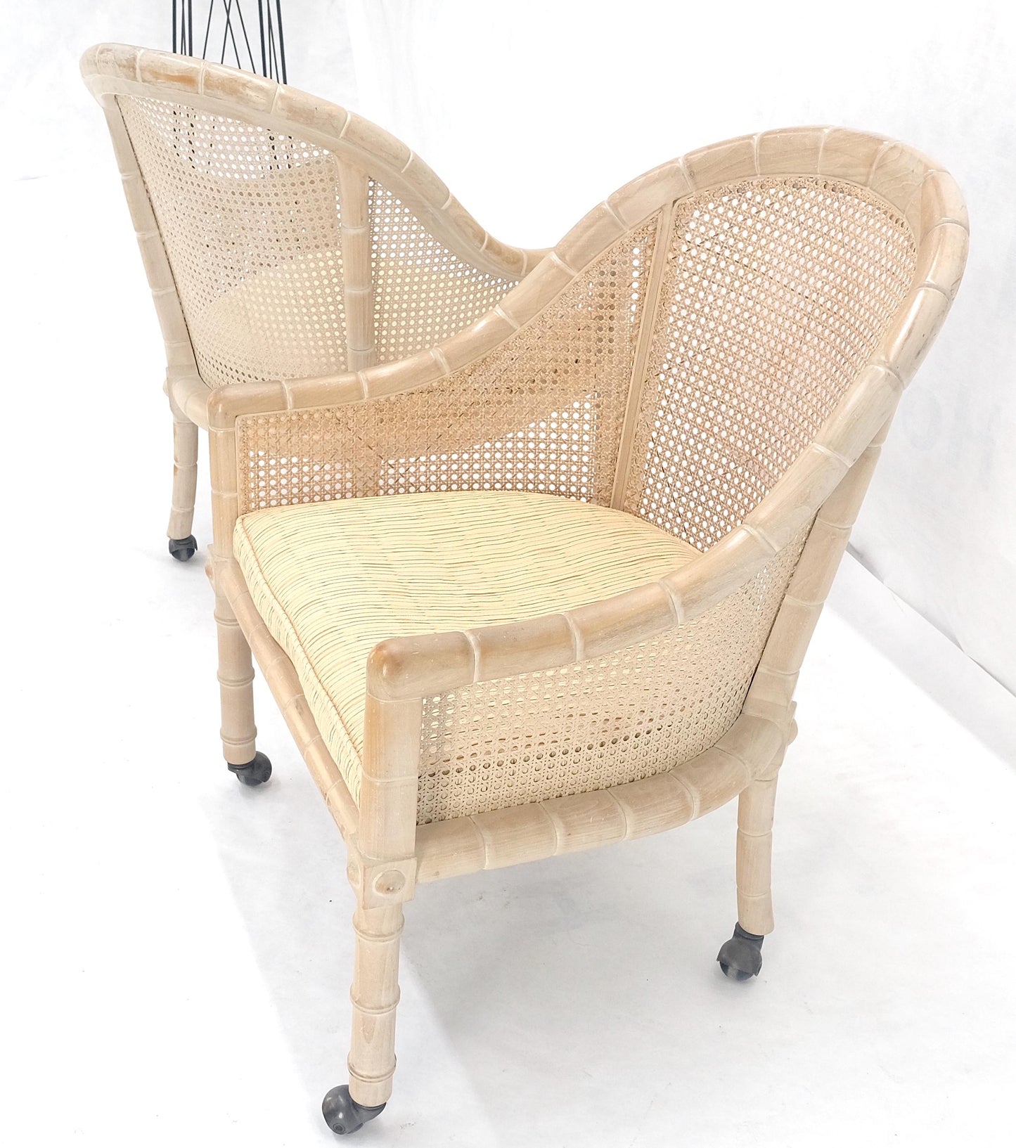 EstablishedLines Pair Rounded Barrel Cane Back White Wash Carved Faux Bamboo Lounge Chairs MINT!