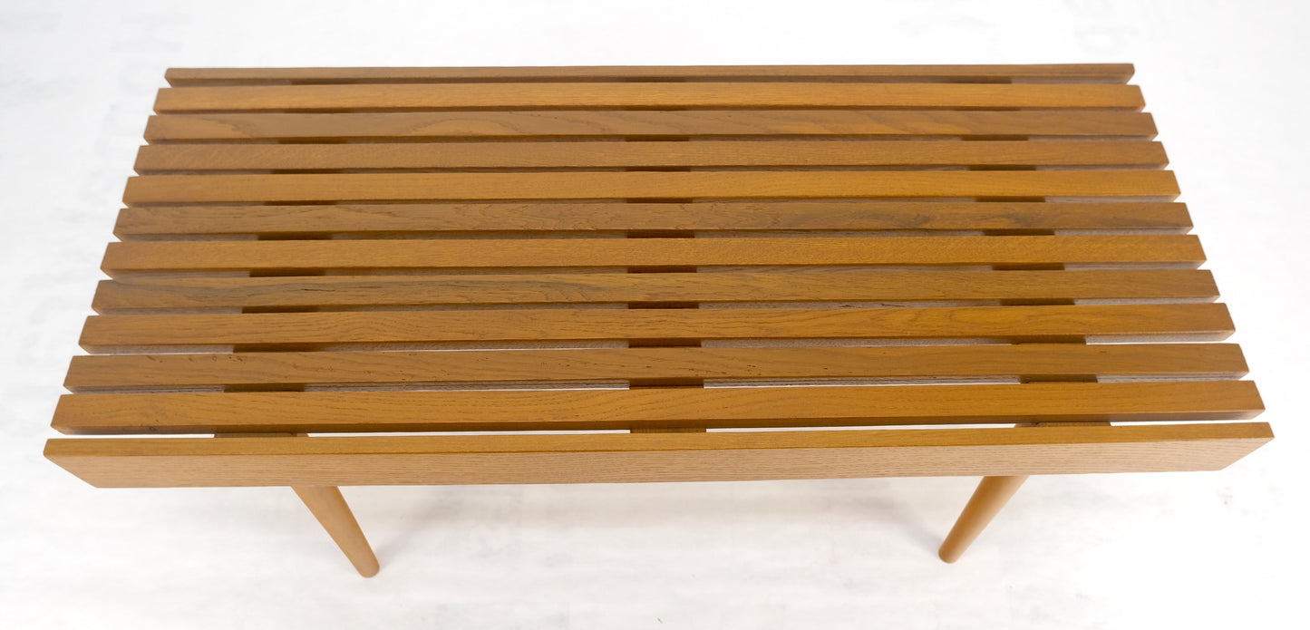 Modern Light Golden Solid Oak Slat Bench Turned Legs Lacquer Finish USA